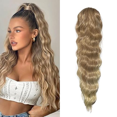 AFOLA Extensión de cola de caballo rubia de 26 pulgadas de largo, ondulada, peluca de cola de caballo con cordón, extensión de cabello con clip en