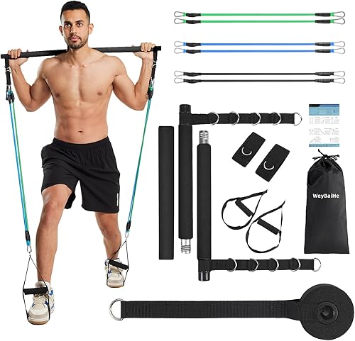 Pilates Bar Kit for Men and Women with Resistance Bands, Portable Home Gym Pilates Resistance Bar Kit, 3 Section Pilates Bar Workout Equipment with