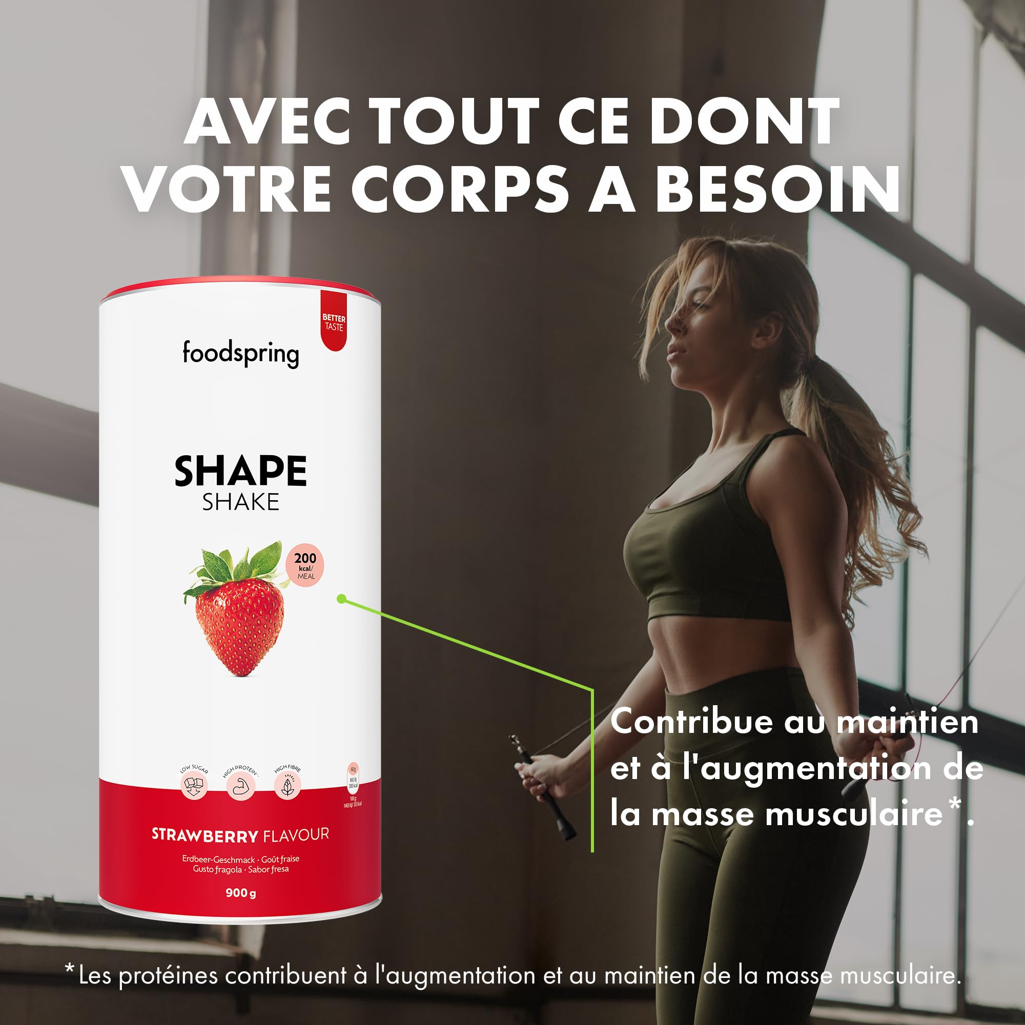 foodspring Shape Shake Fraise - Substitut de repas complet pour le contrôle du poids avec des protéines de qualité supérieure, 202 kcal par portion, sans gluten - nouvelle recette (900g)