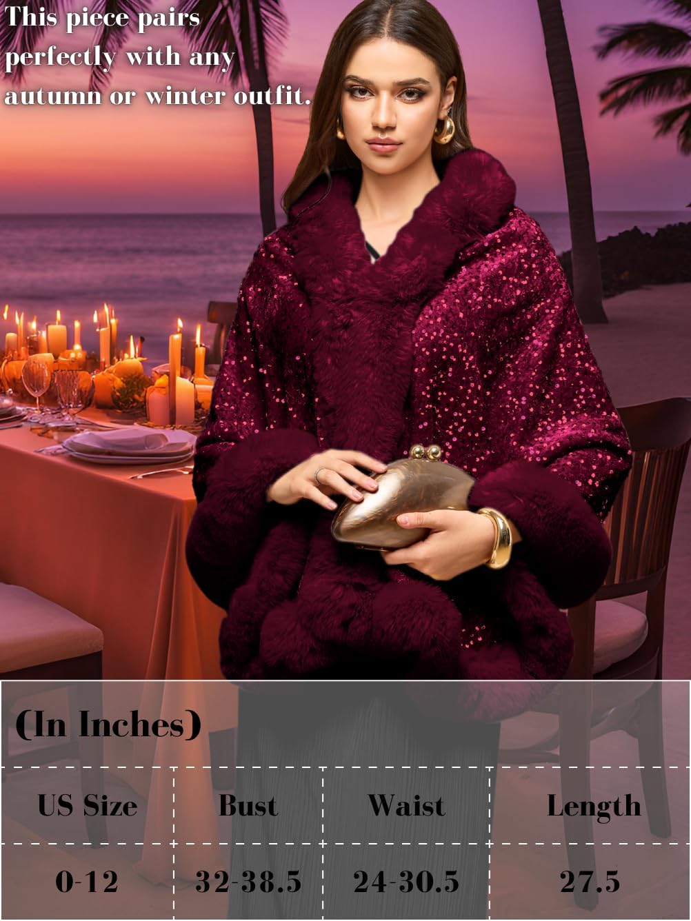 Women's Sequin Faux Fur Shawl Wrap, Winter Bridal Wedding, Luxury Elegant Velvet Fur Coat Jackets Cape Evening Party - Image 6