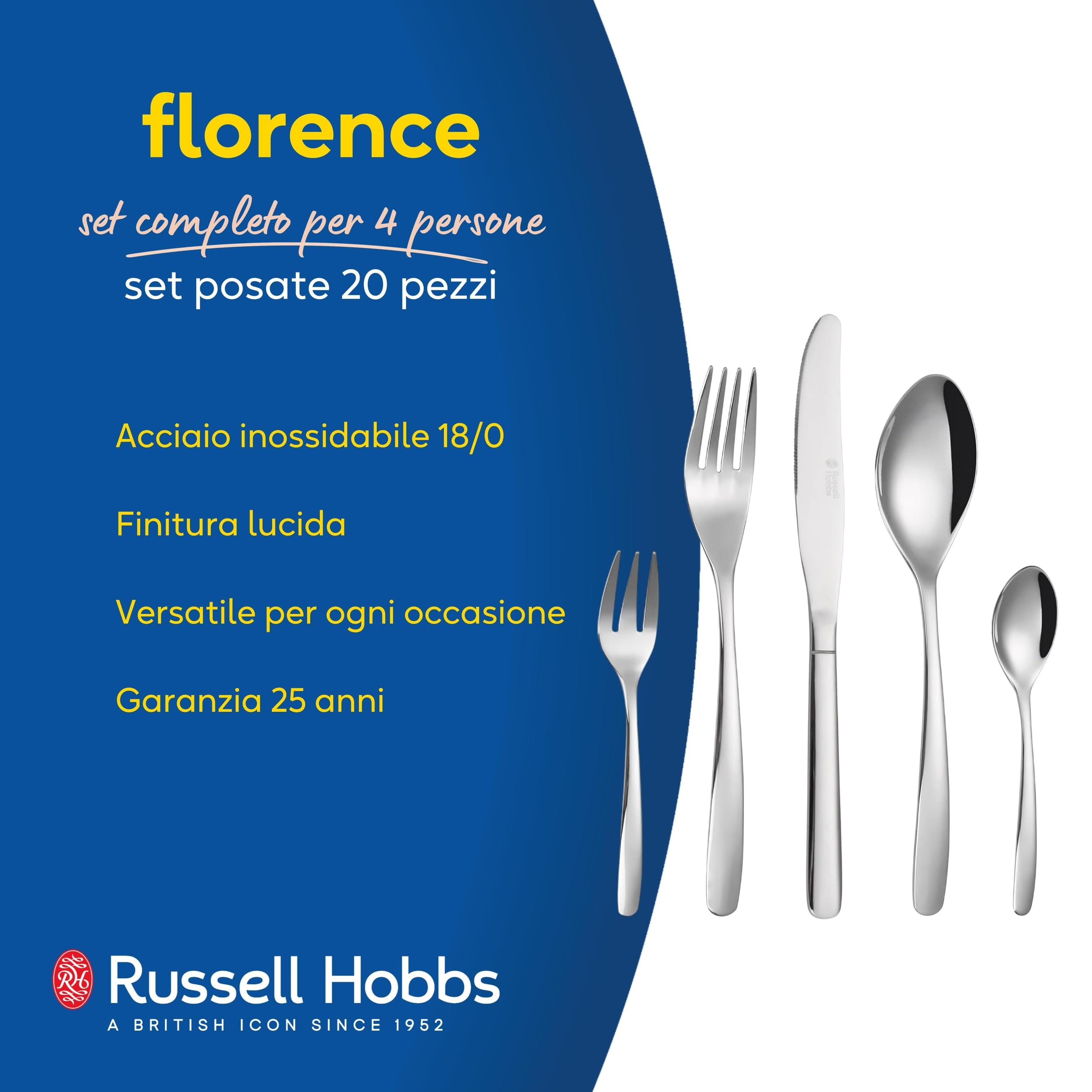 Russell Hobbs RH02264EU7 Florence - Set di 20 posate, servizio da tavola in acciaio inox 18/0 per 4, garanzia 25 anni, include coltello/forchetta/cucchiaino da dessert/cucchiaino da tè