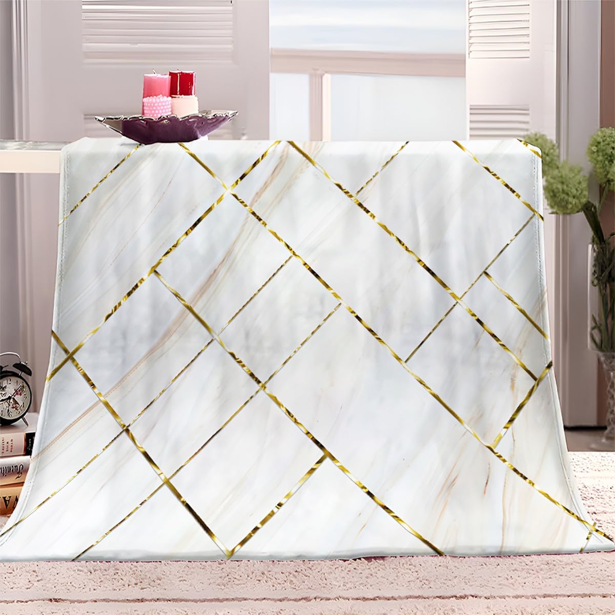 Coperta Plaid in Flanella di Pile Trama di marmo 150x200 cm Super Morbida e Calda Coperta in Microfibra Letto Matrimoniale Singolo, Coperte per Bambina Bambino Regalo - Bianco