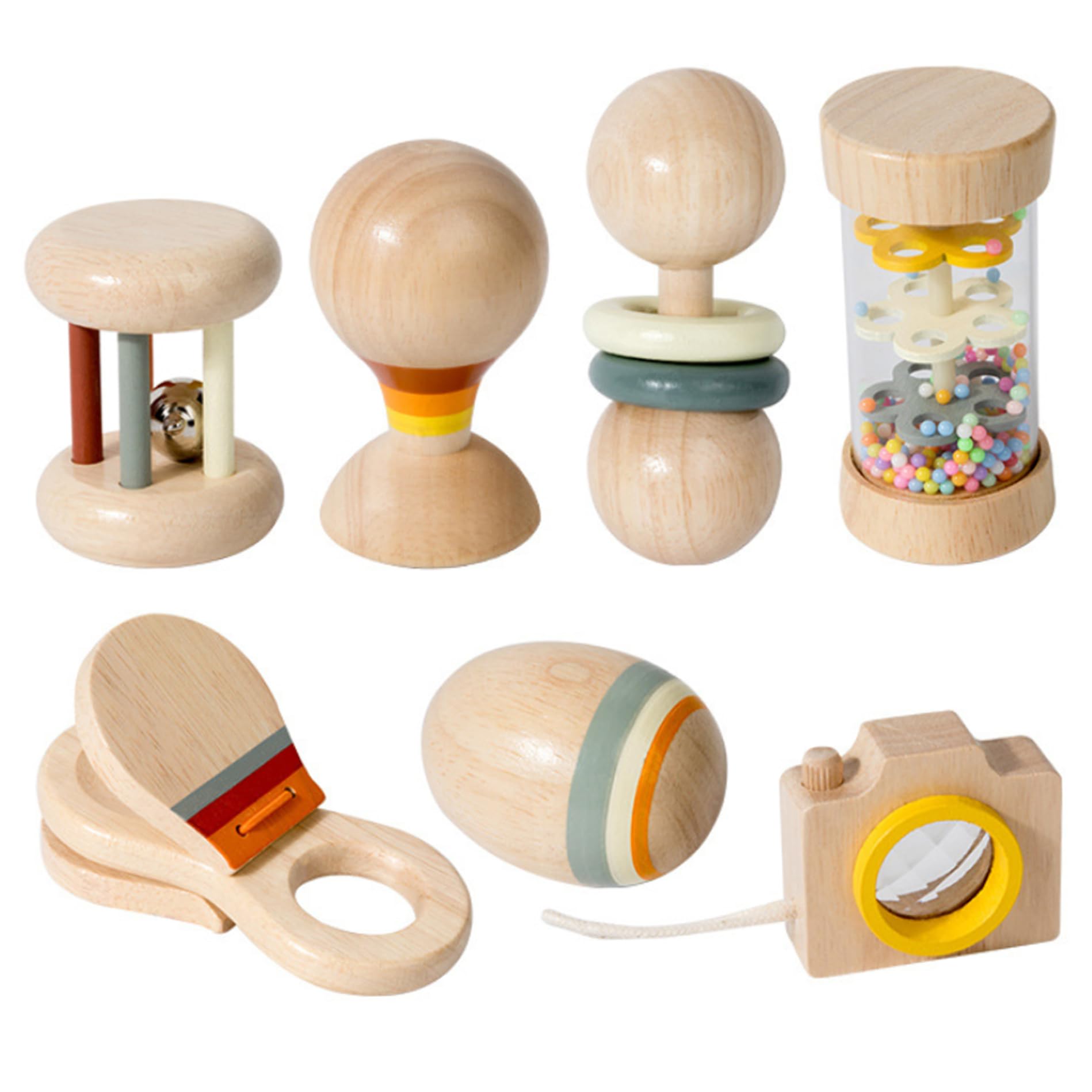 7pcs/set Wooden Baby Rattle Natural Organic Rattle with Rain Stick, Hand Bell,Sand Ball and More, Montessori Wood for Boys and Girls Baby Birthday Toys
