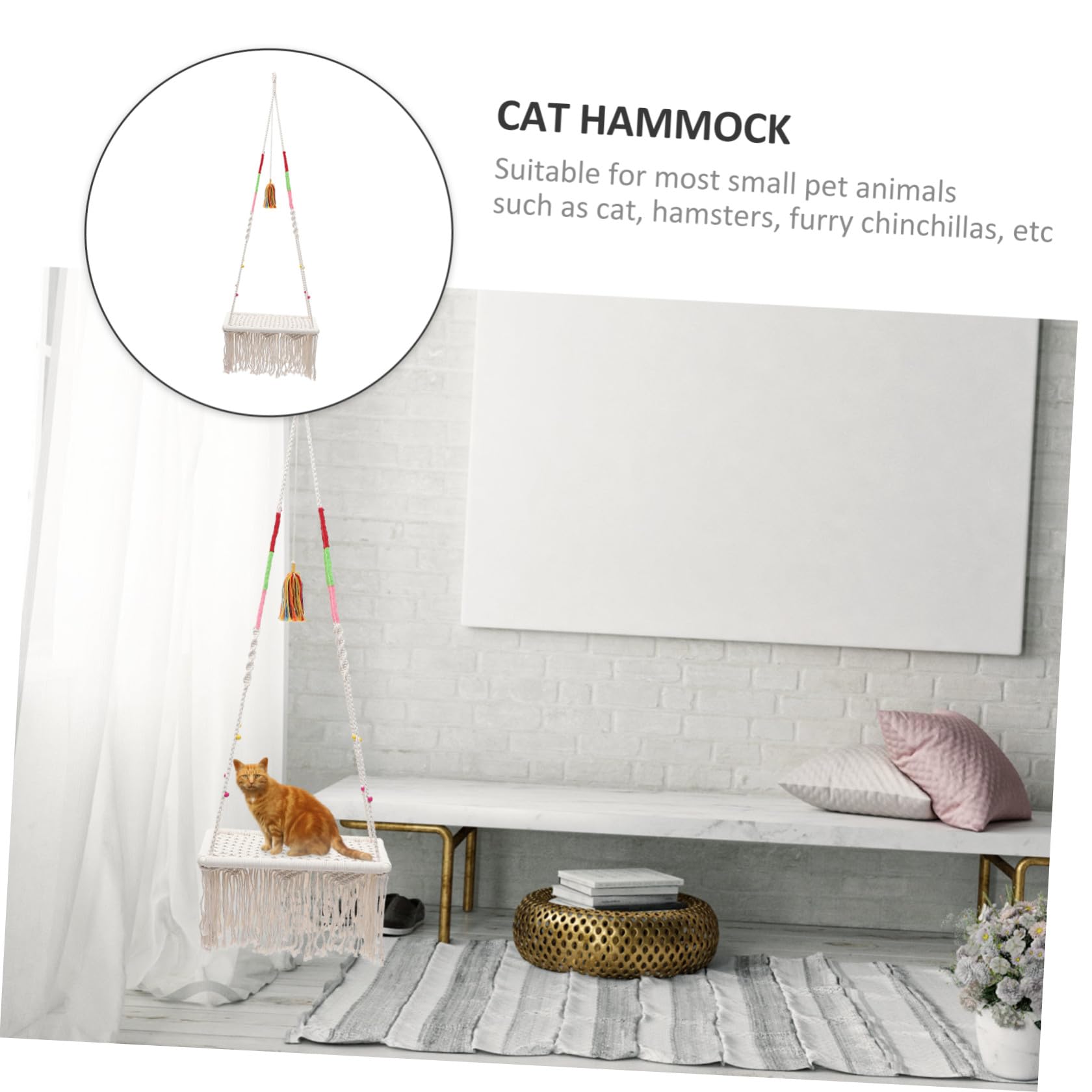 Veemoon Amaca per Gatti Sospesa in Corda di Cotone Beige, Decorativa e Facile da Lavare, Design Bohemien Intrecciato a Mano per Cuccioli e Uso Interno