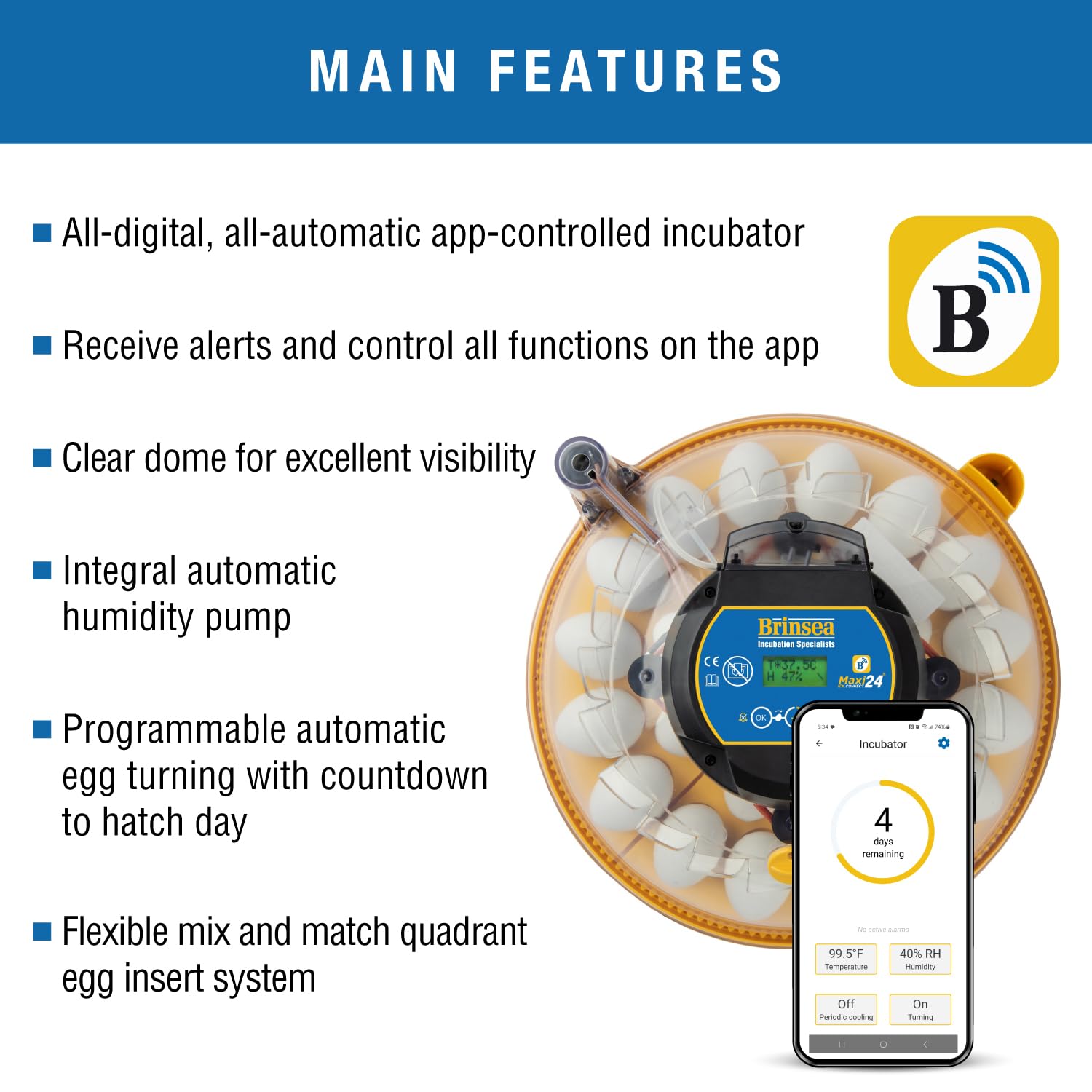 Brinsea Maxi 24 Ex Connect - Incubatrice per Uova controllata da App, con Controllo Automatico dell'umidità e Rotazione delle Uova, per cova 24 Galline, Anatre, Altre Uova, comandi digitali di
