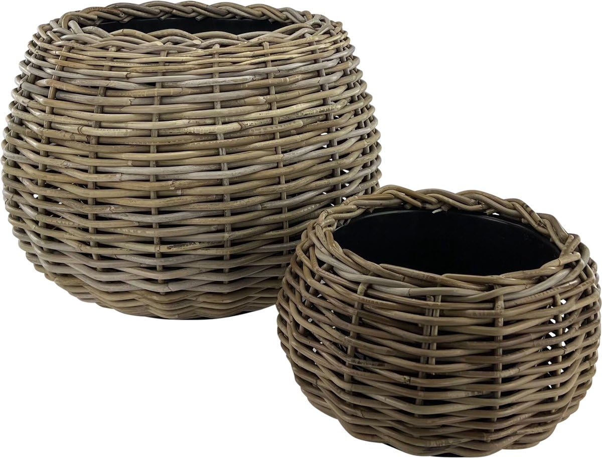 Rattan Drypot Kugel - ø 45 x 34 cm - Runder Pflanztopf - Nachhaltiger Pflanztopf mit recyceltem wasserdichtem Kunststoff-Innenbehälter - Blumentöpfe für Innen - Pflanzenkörbe - Pflanzenhalter - Grau
