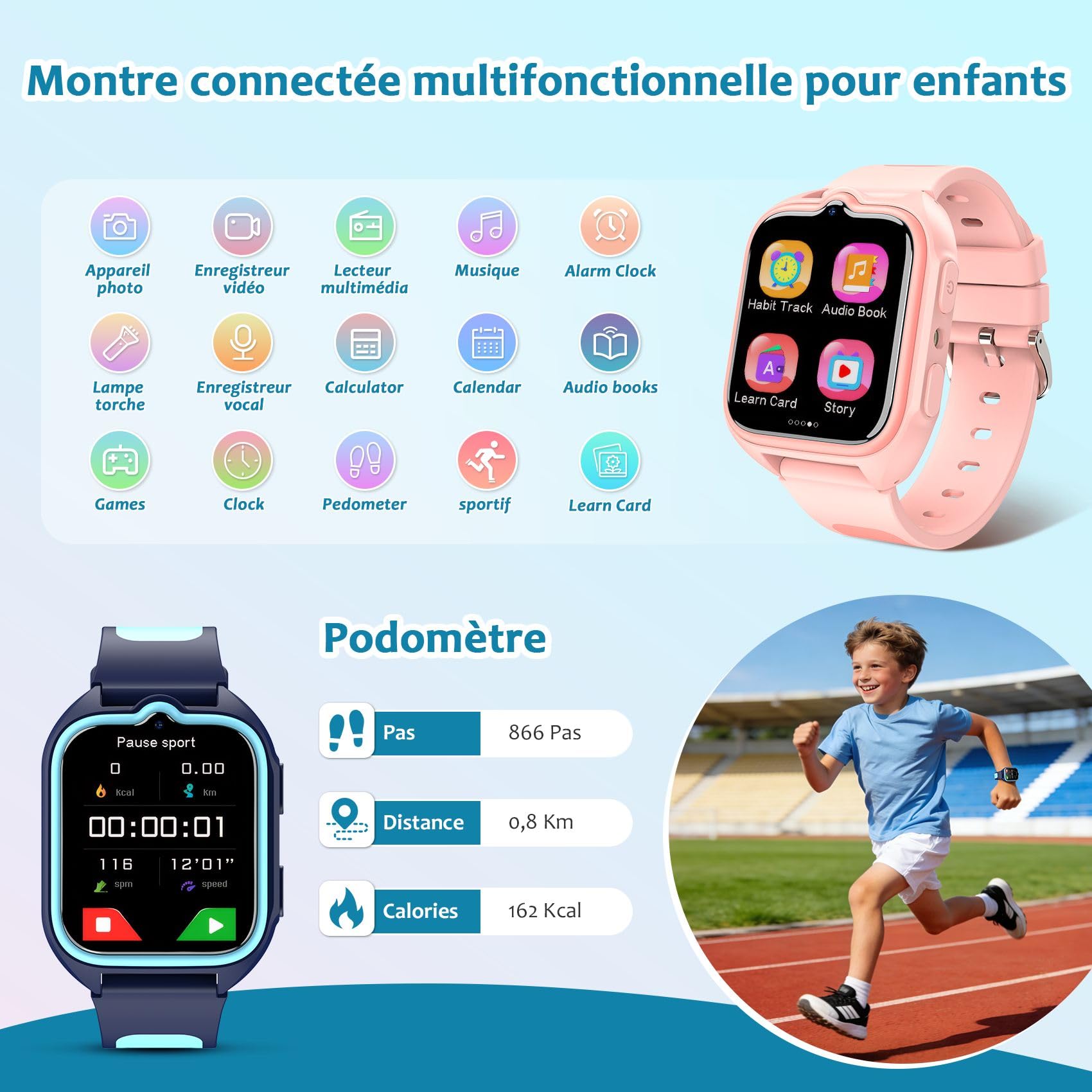 Blackview Montre Connectée Enfant - Montre Enfant Intelligente sans Téléphone Nécessaire, Écran Tactile avec Caméra, 30 Jeux Éducatifs, 13 Trackers d'Habitudes, Lampe Poche pour Garçons 4-12 Ans
