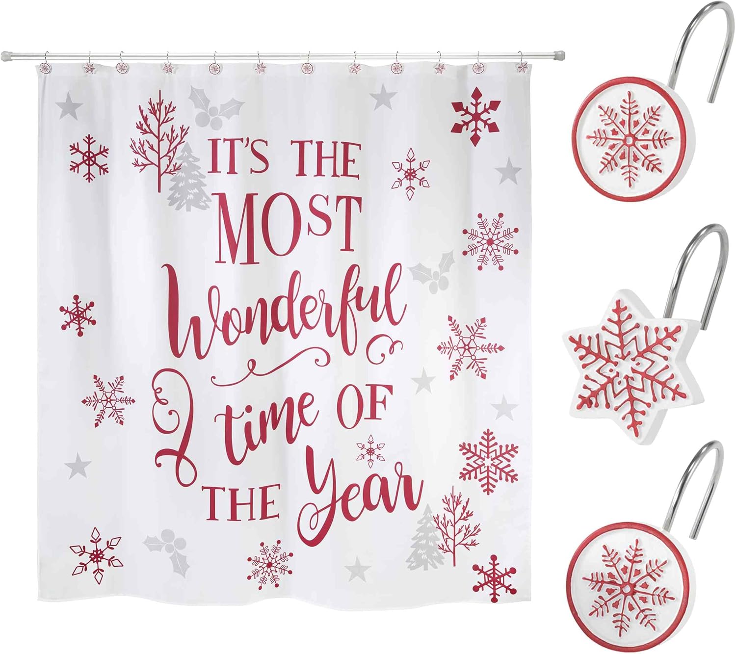 Avanti Linens- Shower Set, Fabric Shower Curtain & 12pc Curtain Hooks, Holiday Bathroom Essentials (Flamingo Jingle Collection)