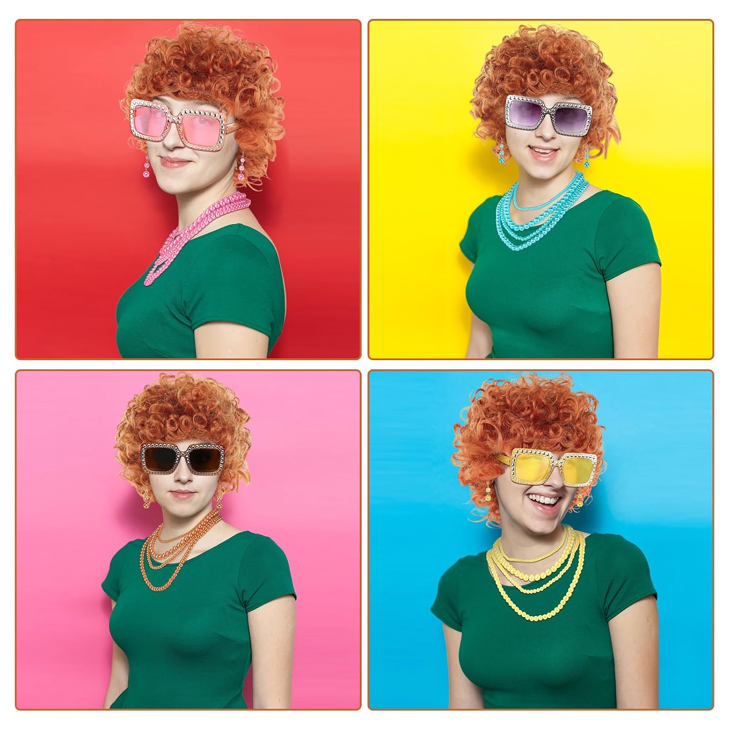 Maiteenly 4 Set Women Short Curly Orange Red Wigs for Halloween,Orange A | Costume with Necklace Earrings Bracelet and Sunglasses for 70s Romp Cosplay