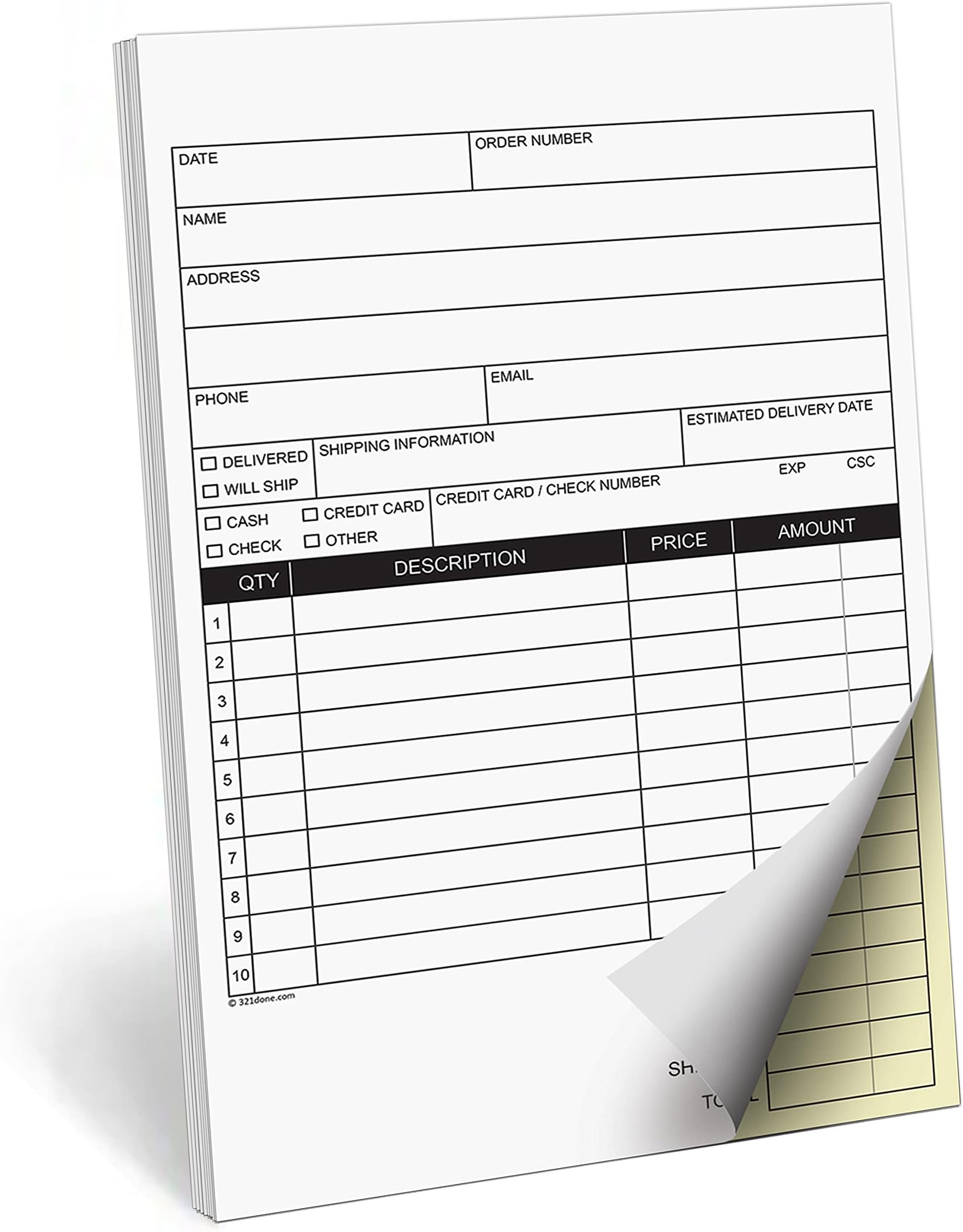 321Done Blank Sales Form Pad, 5.5x8.5 Small 2-Part Carbonless, Made in USA, Carbon Copy Generic Receipt Purchase Order Notebook for Small Business (50 Sets) White/Yellow, Heavyweight Paper