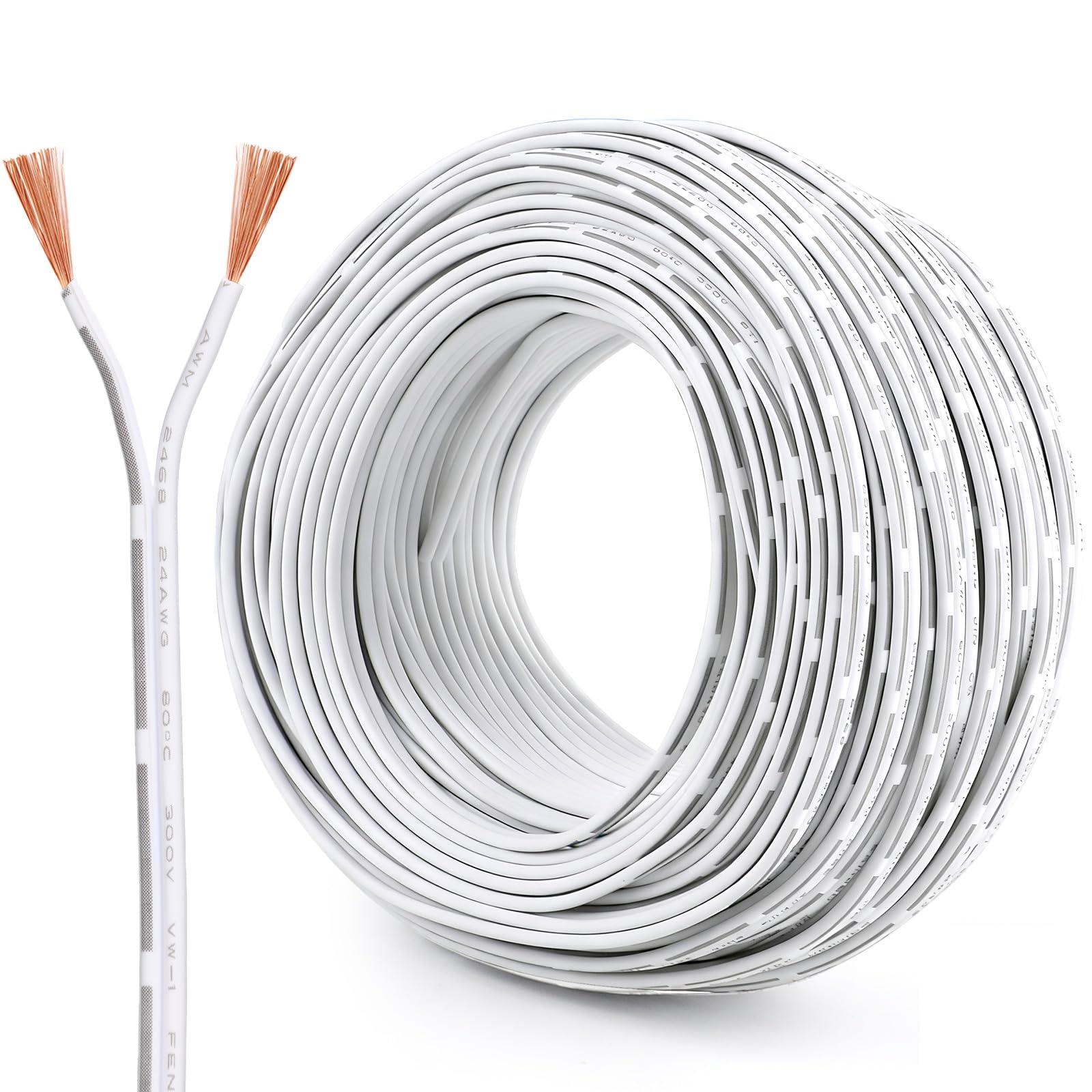 24 AWG 2 Core Electrical Wire 45m, Pure Copper Twin Cable 2×0.2mm² White Flexible PVC Wire for 12V/24V/240V Automotive, LED Lighting, DIY Projects, Home Electrical Use