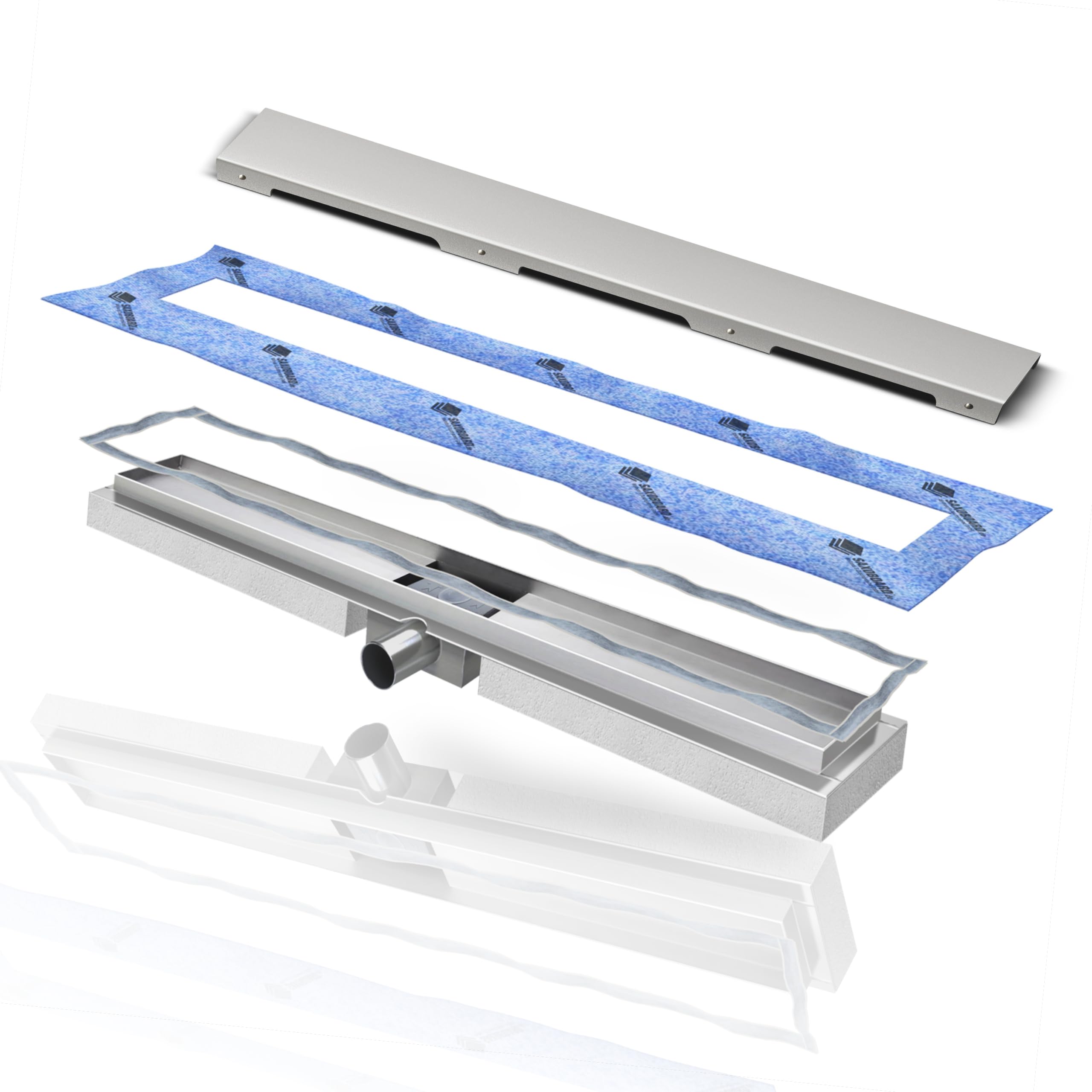 Edelstahl Duschrinne extra flach mit Ablauf & Siphon (70cm, Höhe 53mm) - waagerechter Duschablauf Komplettset Vollabdeckung - Duschabfluss & Duschablaufrinne mit passender Dichtmanschette