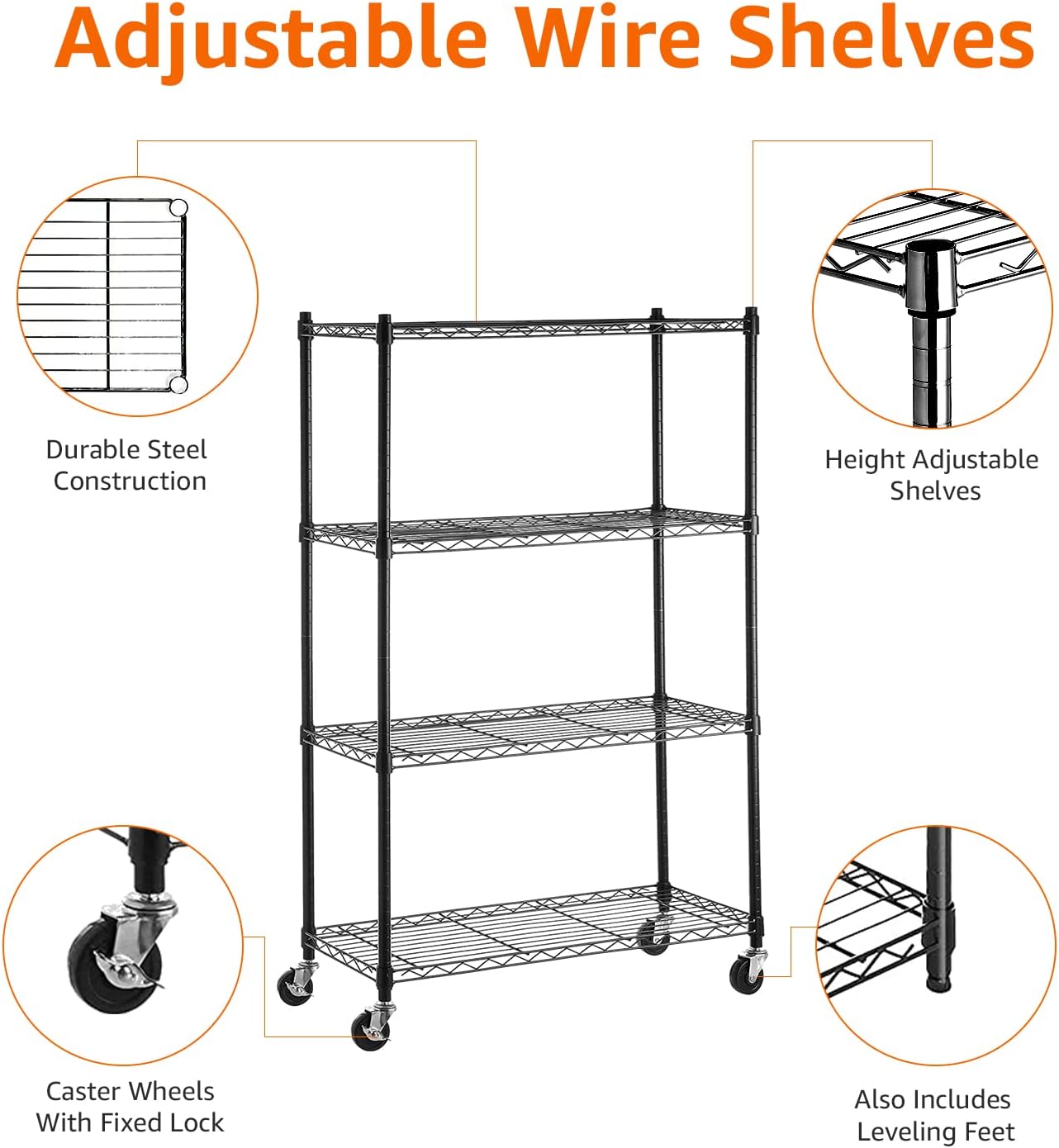 🔥 Cashback up to 70% Amazon Basics 4-Shelf Adjustable, Heavy Duty Storage Shelving Unit on 4'' Wheel Casters, Metal Organizer Wire Rack, Black (36L x 14W x 57.75H)
