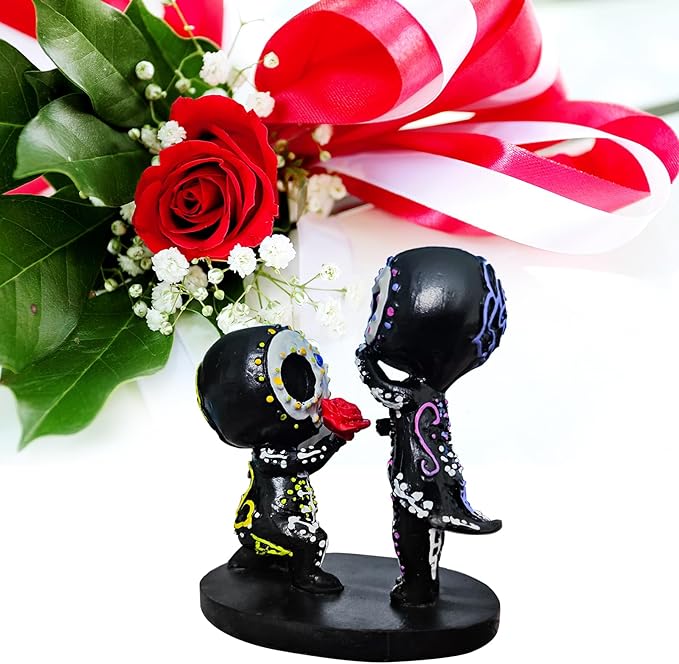 Sugar Skull Decor,Sugar Skull Couple Statue,Sugar Skull Figurine,Resin Crafts Cute Statue Skeleton Memorial Sculpture, Halloween Home Decor Collectible Figurines,Sugar Skull Gifts for Women (B)