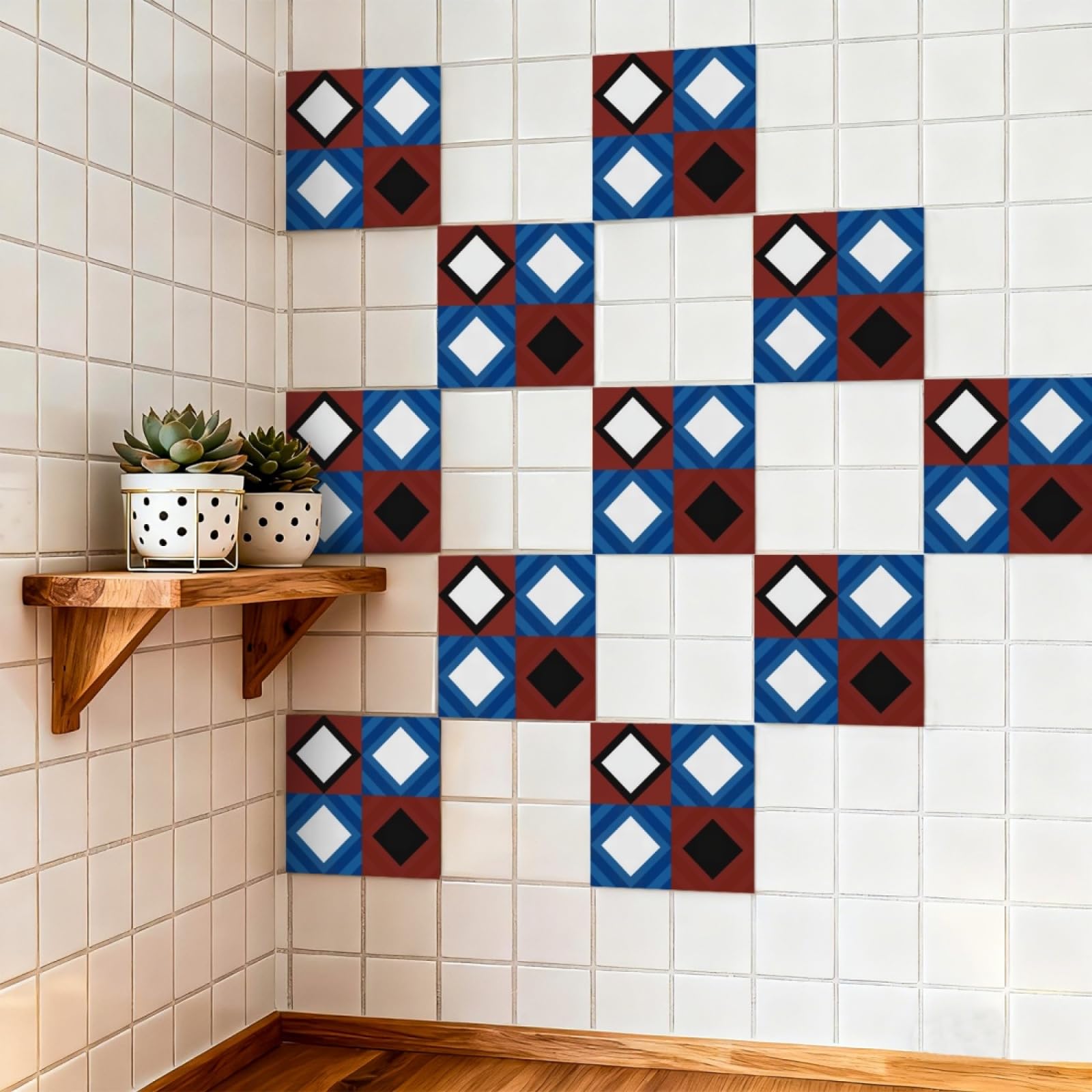 Tile Stickers Blue Geometry Black Stick on Kitchen Tiles Self Adhesive Wall Tiles PVC Peel and Stick Tile Covers Transfers Oil-Proof Kitchen Splashbacks for Walls Removable 10x10cm/48 Pcs