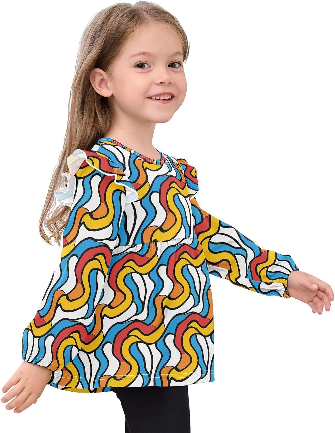 visesunny Toddler Clothes for Girls Hand-Drawn Colored Line Long Sleeve Fall Shirts Cotton Top with Ruffle Collar