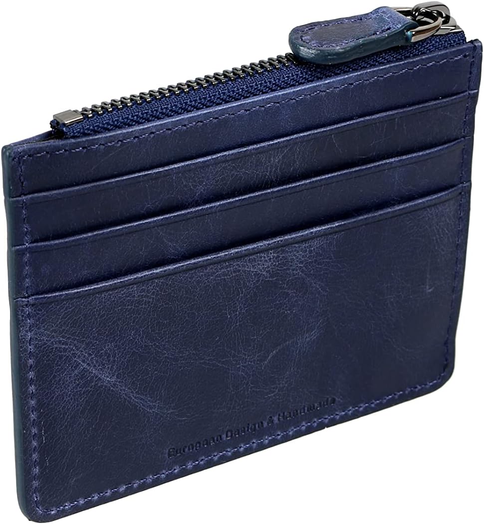 grande 3603 Genuine Leather Card Holder For Women and Men Slim Minimalist Small Zipper Wallet (RUSTIC BLUE)