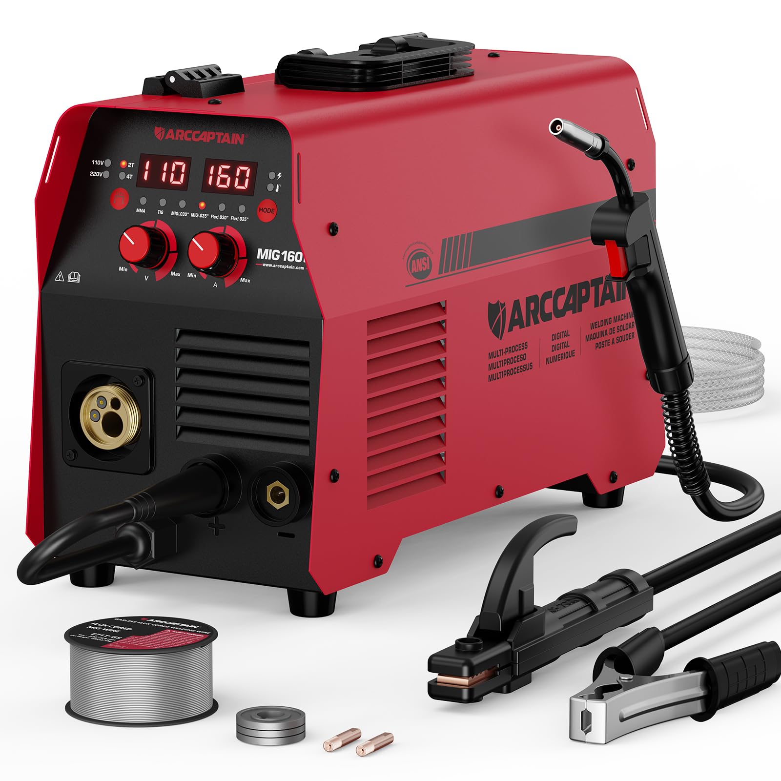 ARCCAPTAIN 160A MIG Welder, 4-in-1 Welder Machine 110V 220V, Flux Core MIG/Gas MIG/Lift TIG Welding/Stick Welding Machine with Synergy, Multiprocess Gas MIG Welder Equipment with 2lb Welding Wire
