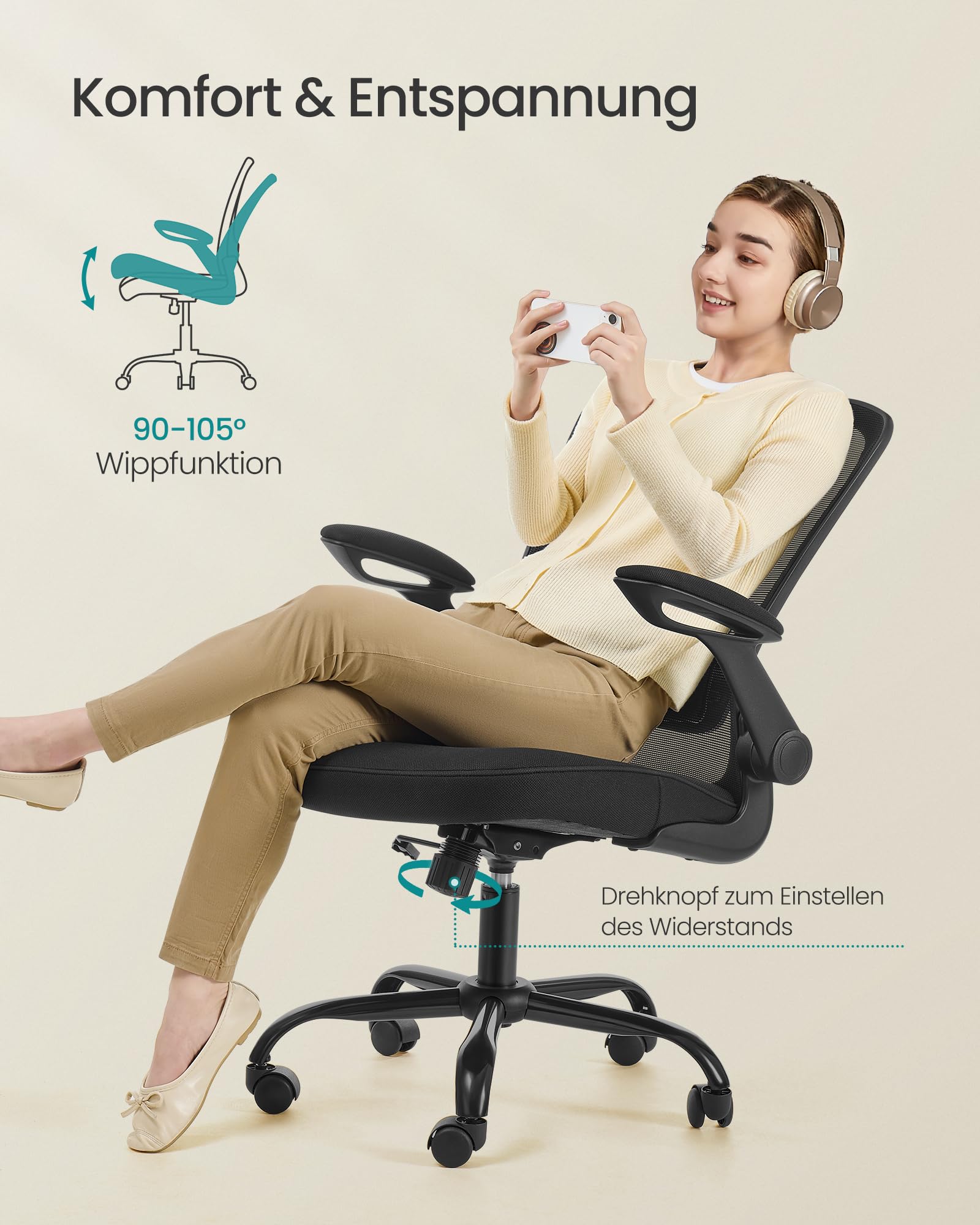 SONGMICS Bürostuhl ergonomisch Drehstuhl Mesh Lendenstütze Kopfstütze Wippfunktion 53 cm Sitzfläche klappbare Armlehnen schwarz OBN37BK