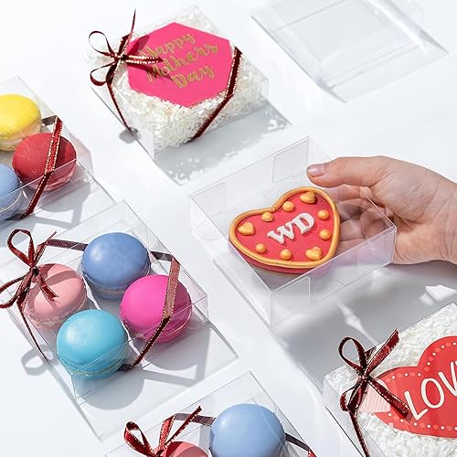 Miniatura 7 de Paquete de 50 cajas de galletas transparentes de 4 x 4 x 1.2 pulgadas con ventana completa, cajas pequeñas de plástico para golosinas, cajas de