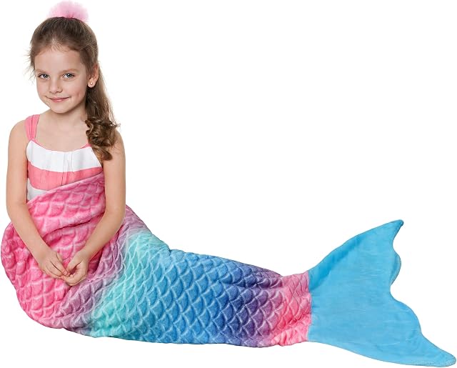 Catalonia Classy Mermaid Tail Blanket, Soft Warm Plush Fleece Sleeping Bag Snuggle Blanket for Teens 155 x 48 cm Rainbow Ombre, Fish Scale Pattern, Blue