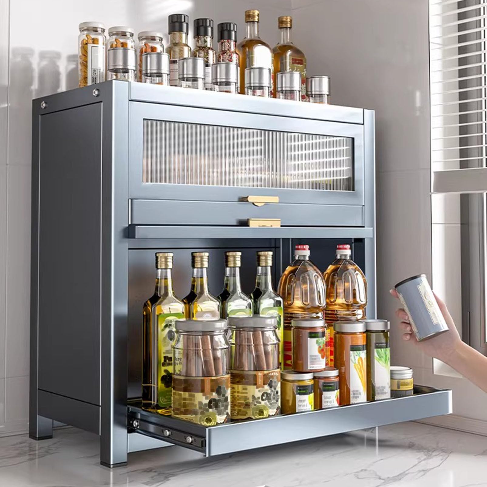 Armoire de Garde-Manger de Cuisine autoportante avec tiroirs coulissants et Porte Rabattable, Organisateur de comptoir pour Bouteilles/Plats/Tasses à épices