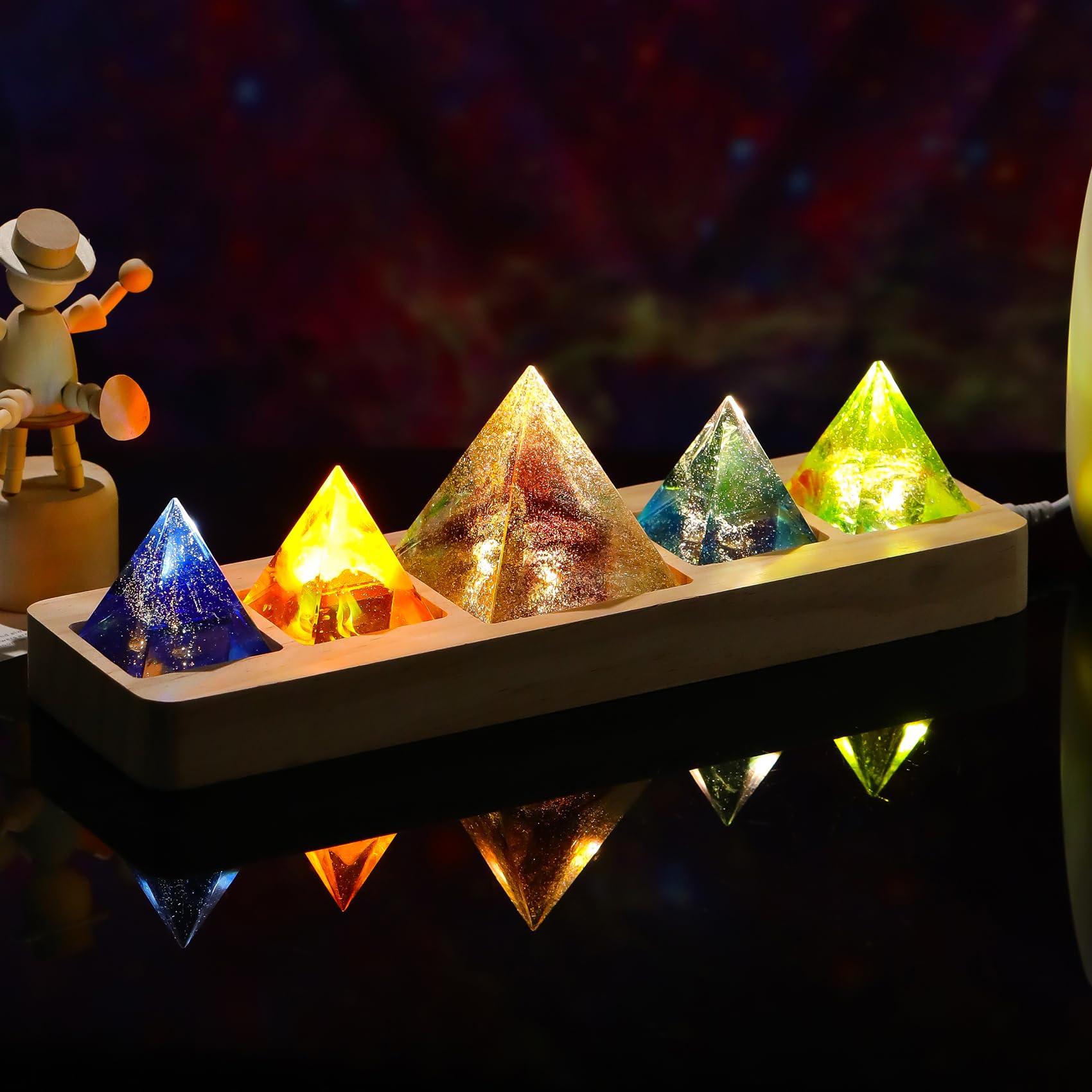 Arikyrist 5 Chakra Healing Crystal Quartz Pyramid with LED Wooden Base Meditation Positive Energy Sleep Aid & Spiritual Night Light Home Decor