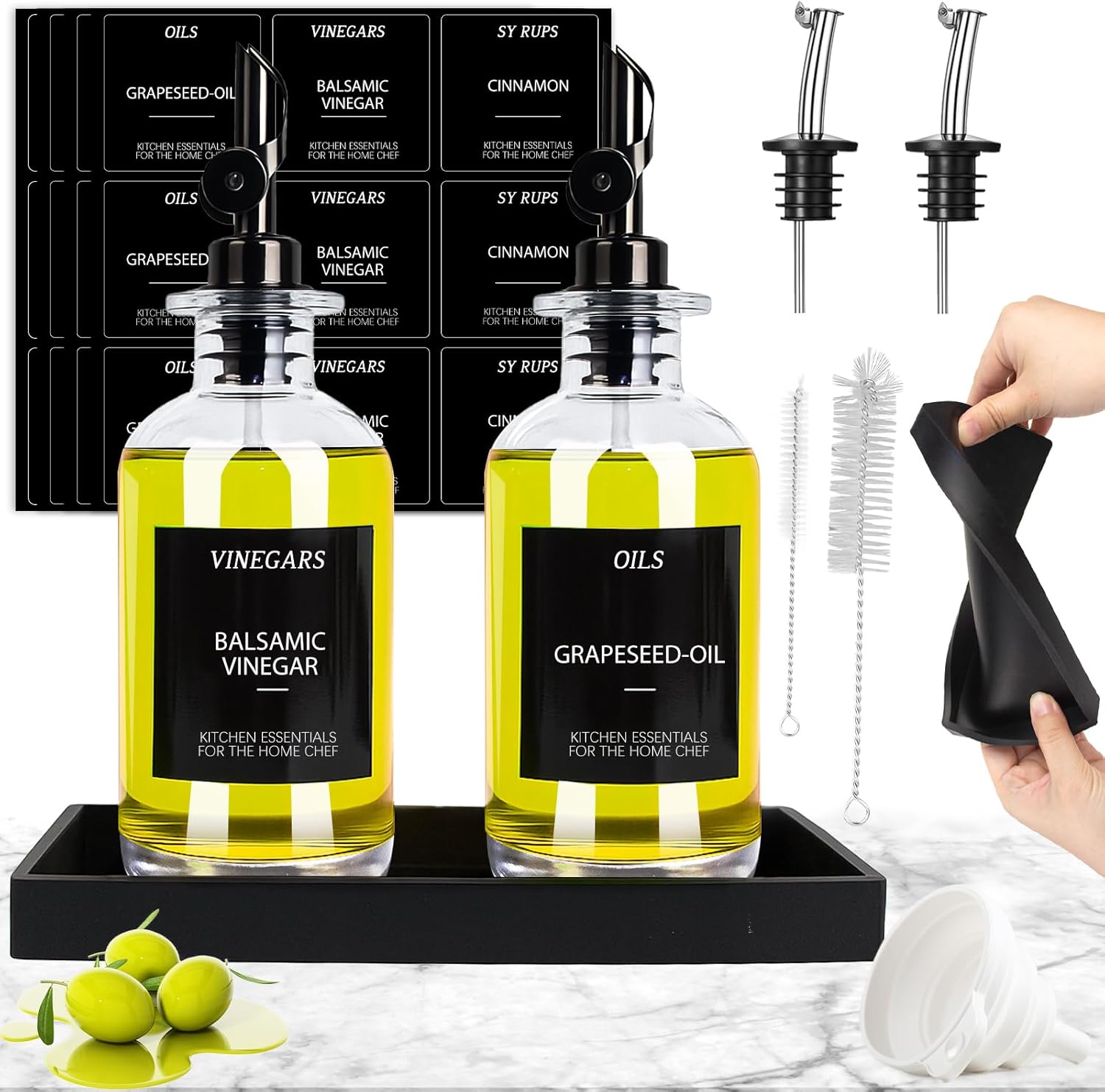 2PCS Olive Oil Dispenser Bottle For Kitchen, Glass Oil and Vinegar Dispenser Set, Soy Sauce Dispenser W. Silicone Tray & Labels & 2 Replacement Spouts, Coffee Syrup Dispenser