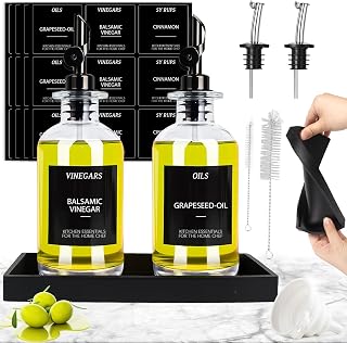 2PCS Olive Oil Dispenser Bottle For Kitchen, Glass Oil and Vinegar Dispenser Set, Soy Sauce Dispenser W. Silicone Tray & Labels & 2 Replacement Spouts, Coffee Syrup Dispenser