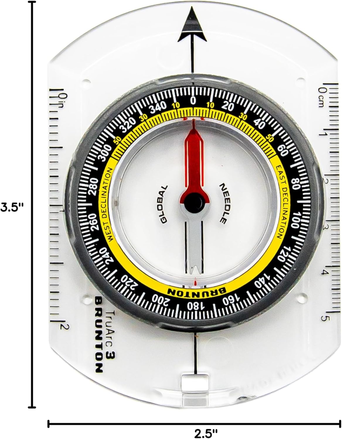 Image showing the dimensions of the Brunton TruArc 3 compass, highlighting its length and width with measurement markings.
