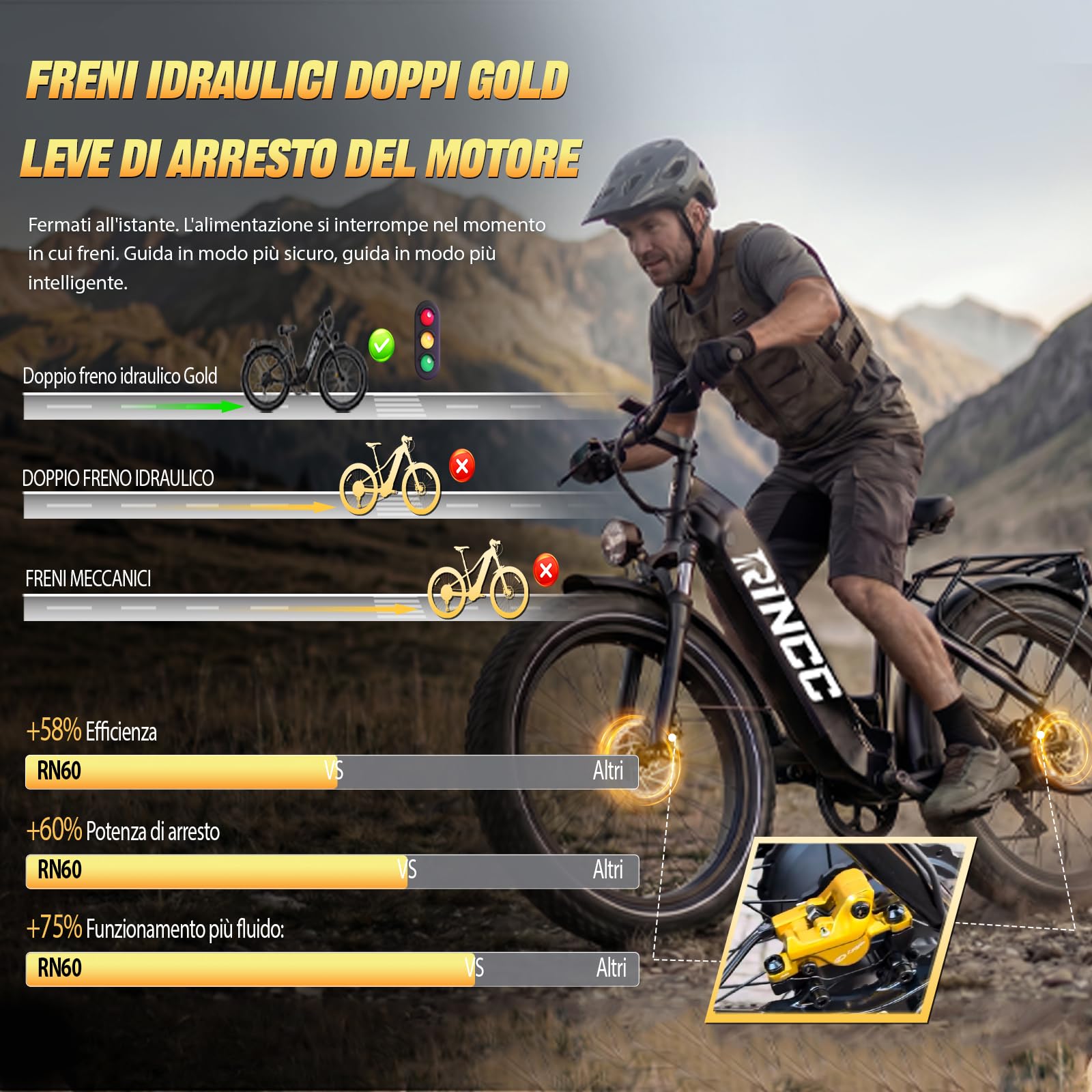 RINCC RN60 Bici Elettrica MTB,E-Bike Uomo, 960Wh 20Ah Batteria,Gamma PAS Autonomia di 100-120km,250 W,Pneumatici All Terrain Fat 26“*4,0”,Freni Idraulici Anteriori e Posteriori,7 Velocità