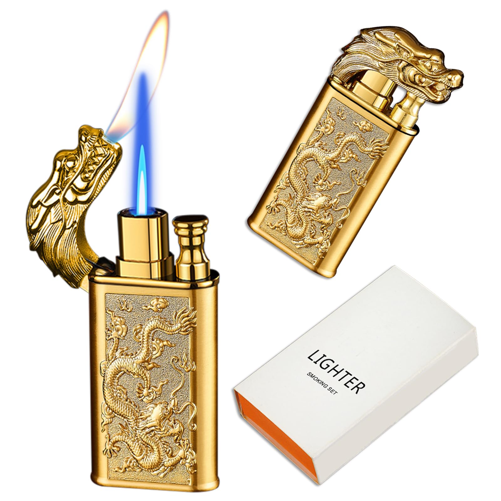 Torch Lighter Magic Dual Flame Dragon Lighter, Windproof Adjustable Jet Flame and Soft Flame, Refillable Butane Torch Lighter for Candle, Kitchen, Camping, BBQ (Without Butane)-Gold