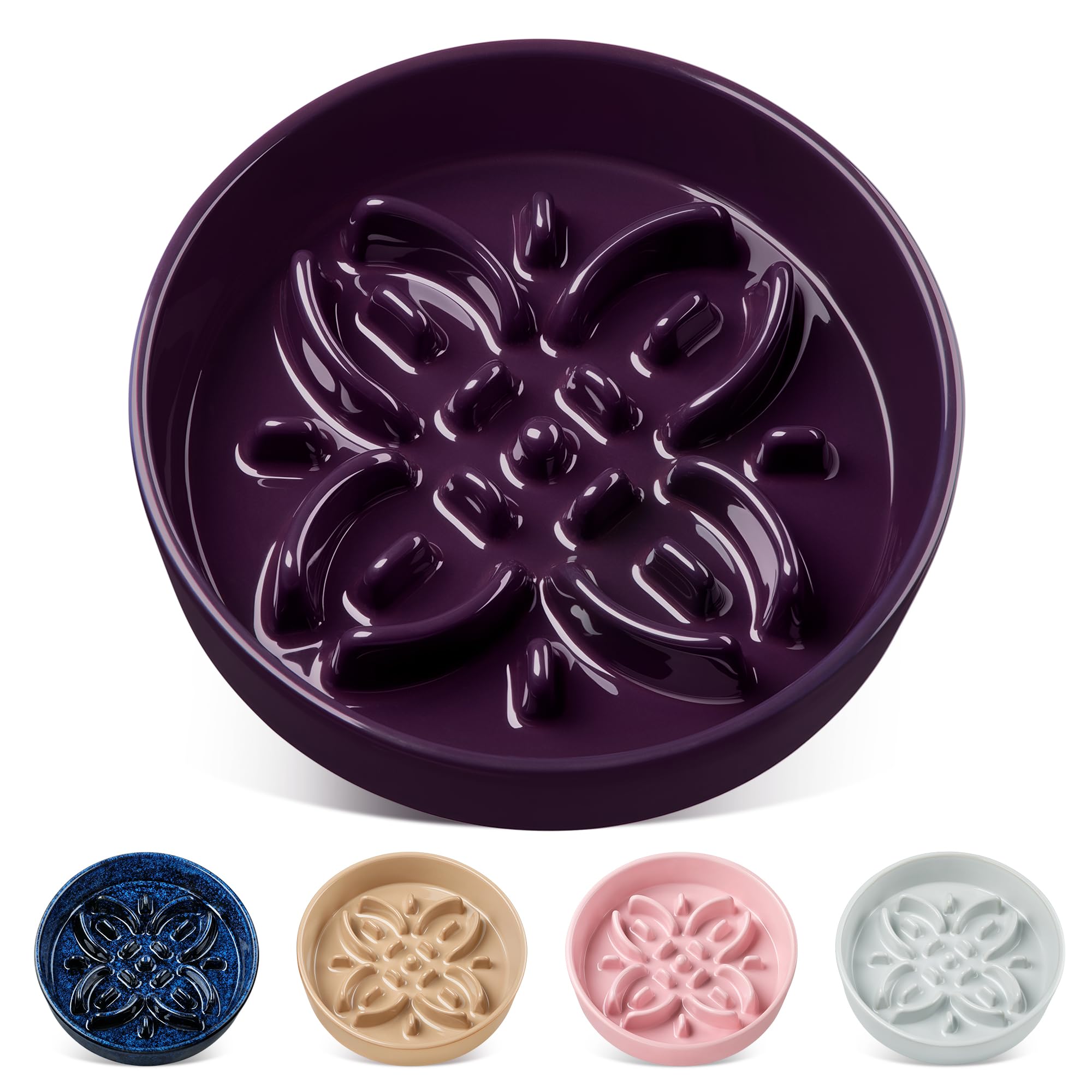 vancasso Ceramic Slow Feeder Dog Bowls, Puzzle Dog Food Bowls with Floral Maze, Anti -Slip Pet Food Dish for Medium Breed, 1.5 Cups, Purple
