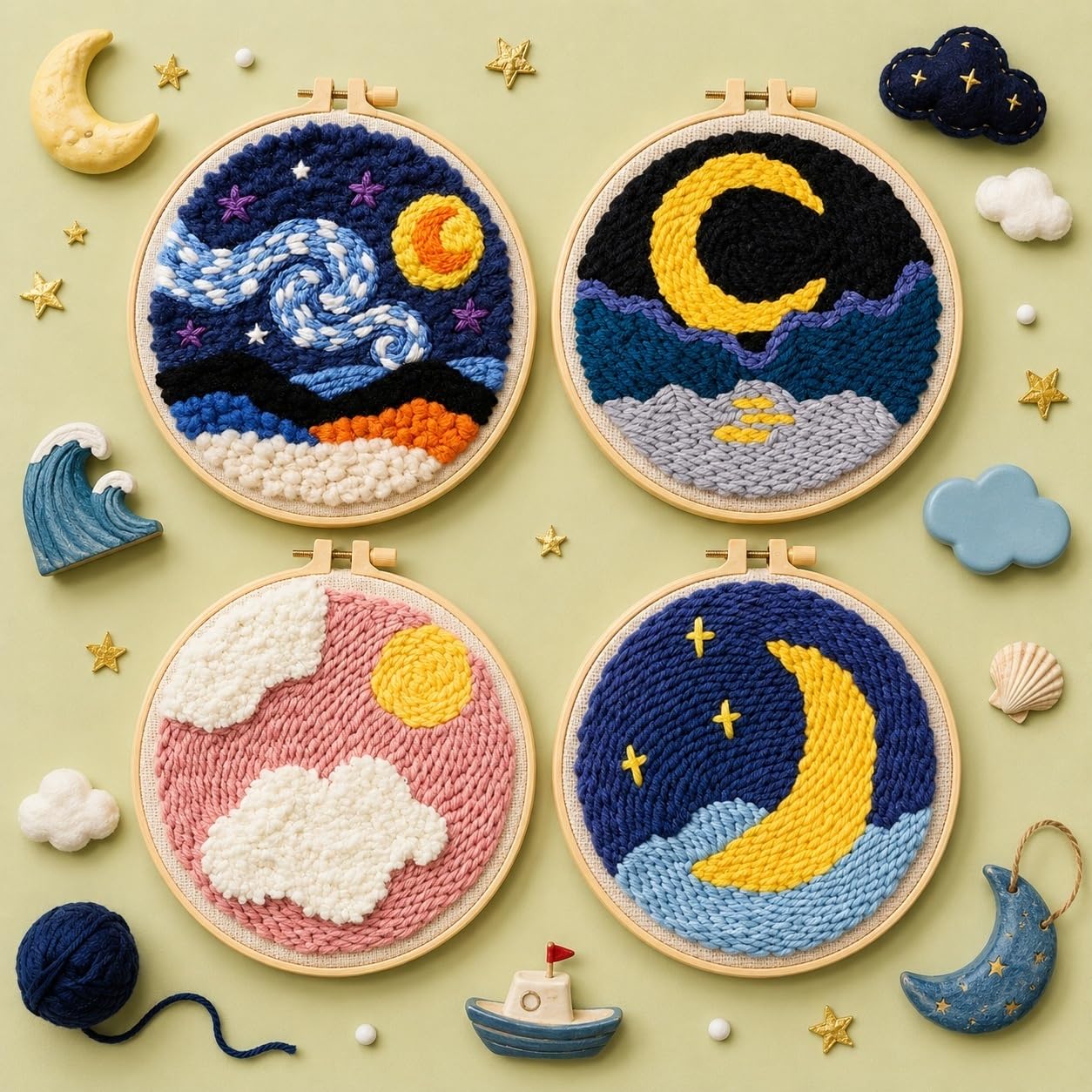 Kit di aghi da punzonatura, kit di aghi da punzonatura per adulti per principianti, kit da ricamo per principianti, kit da ricamo con paesaggio con nuvole lunari, set di aghi da punzonatura (set 1)