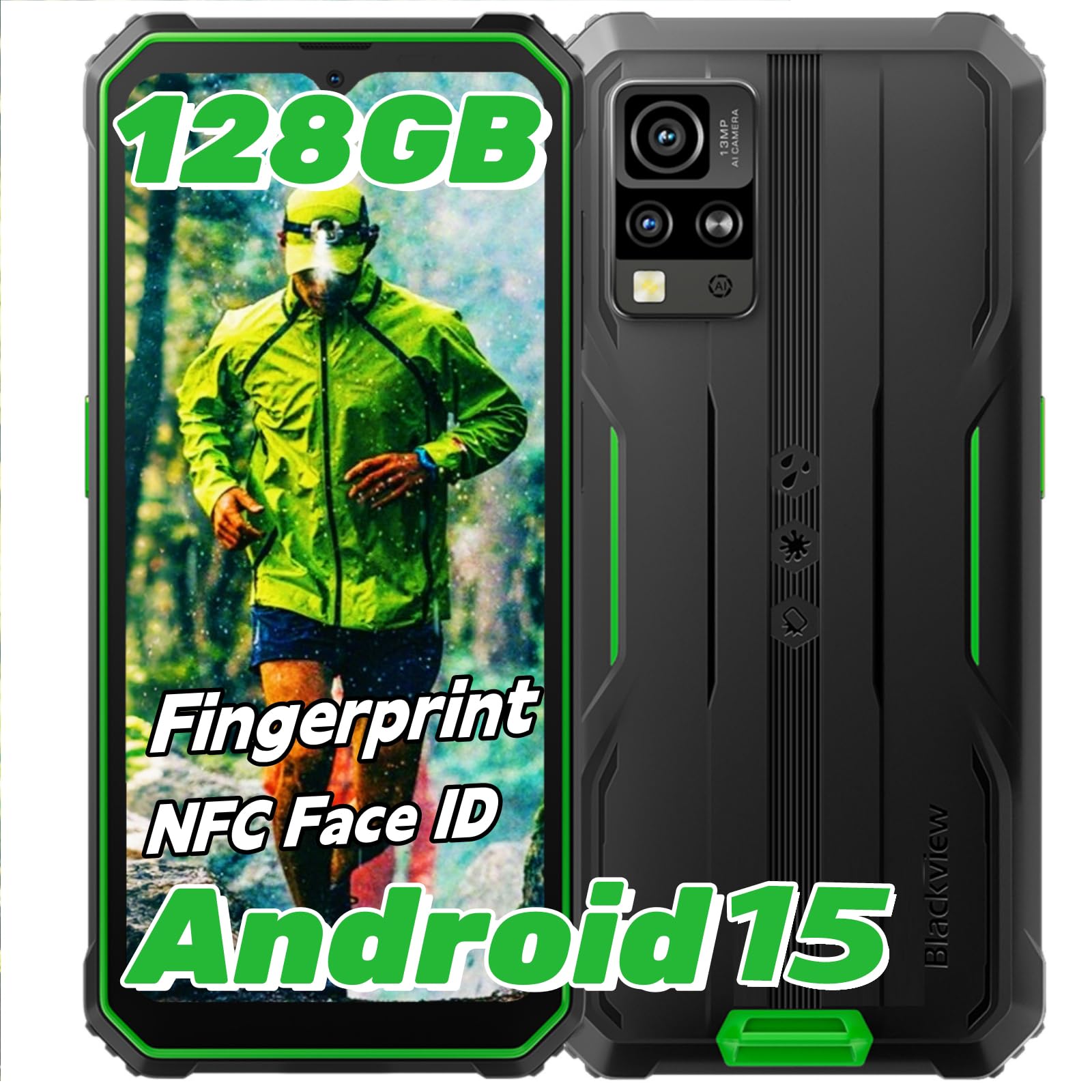 Blackview Rugged Smartphone Android 15, BV4800Pro 12GB+128GB/2TB Expand, 6.56 HD+ Mobile Phones, 16MP Waterproof Phone, 5180mAh, 4G Dual SIM, NFC/Face Fingerprint Unlocked/Glove Mode - Green