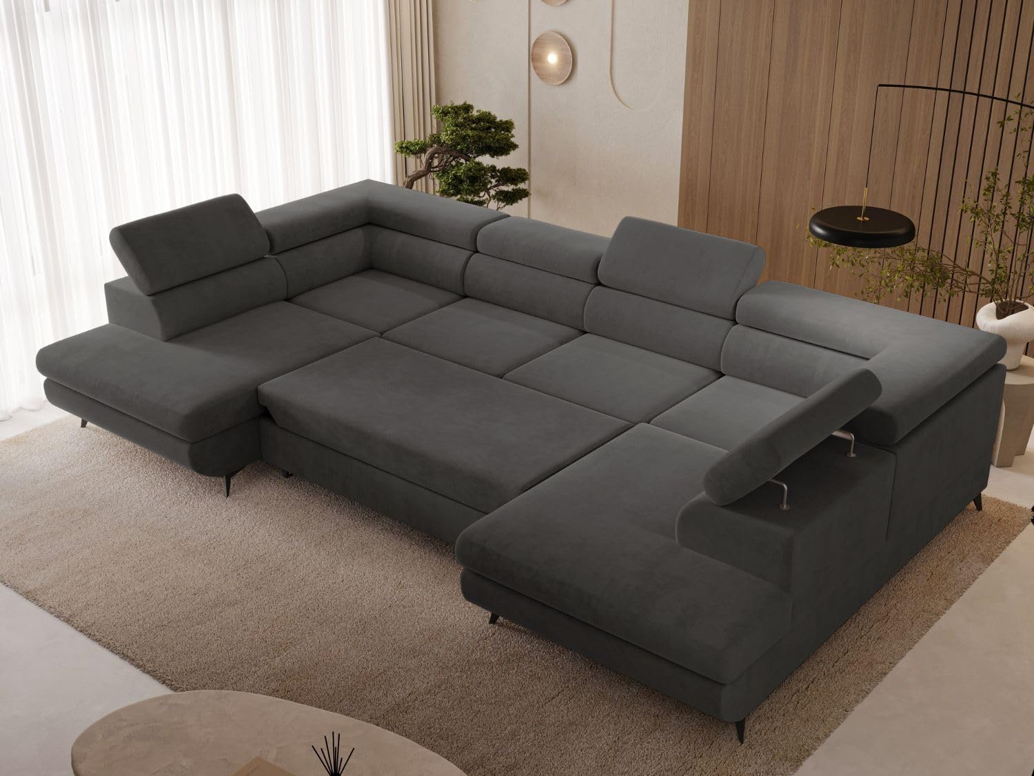 GRAINGOLD Argon U Ecksofa mit Schlaffunktion & Bettkasten 322x190 cm, U-Form Sofa mit Stauraum, Schlafcouch für Wohnzimmer, Velvet-Stoff, 5-Sitzer Wohnlandschaft, Modernes Design (Castel, Dunkelgrau)