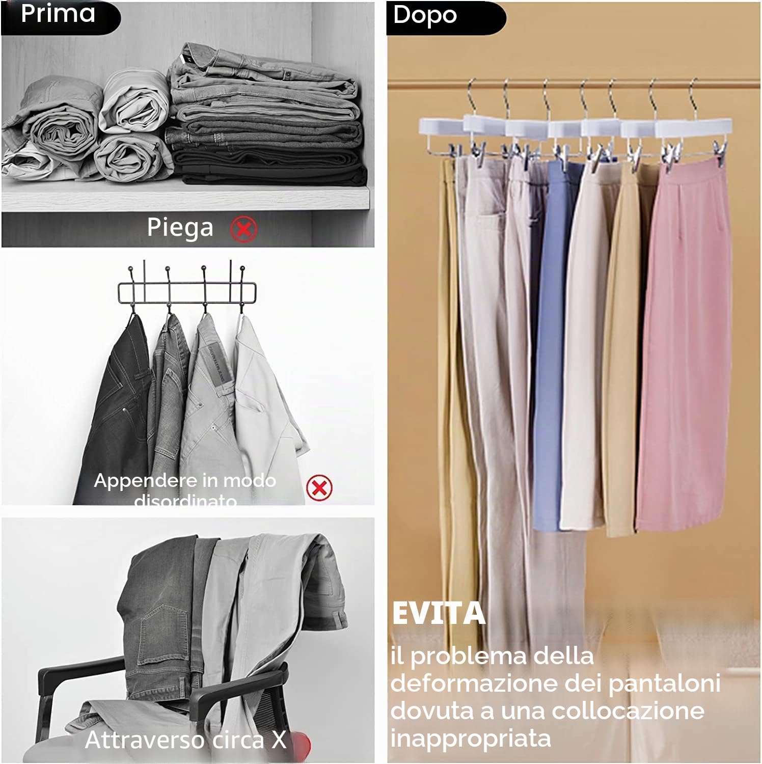 Amber Home 10 Pezzi 35.5cm Grucce Appendiabiti in Legno Bianco Liscio Robusto per Pantaloni Gonna Calzino Biancheria Intima Mutande con Clips