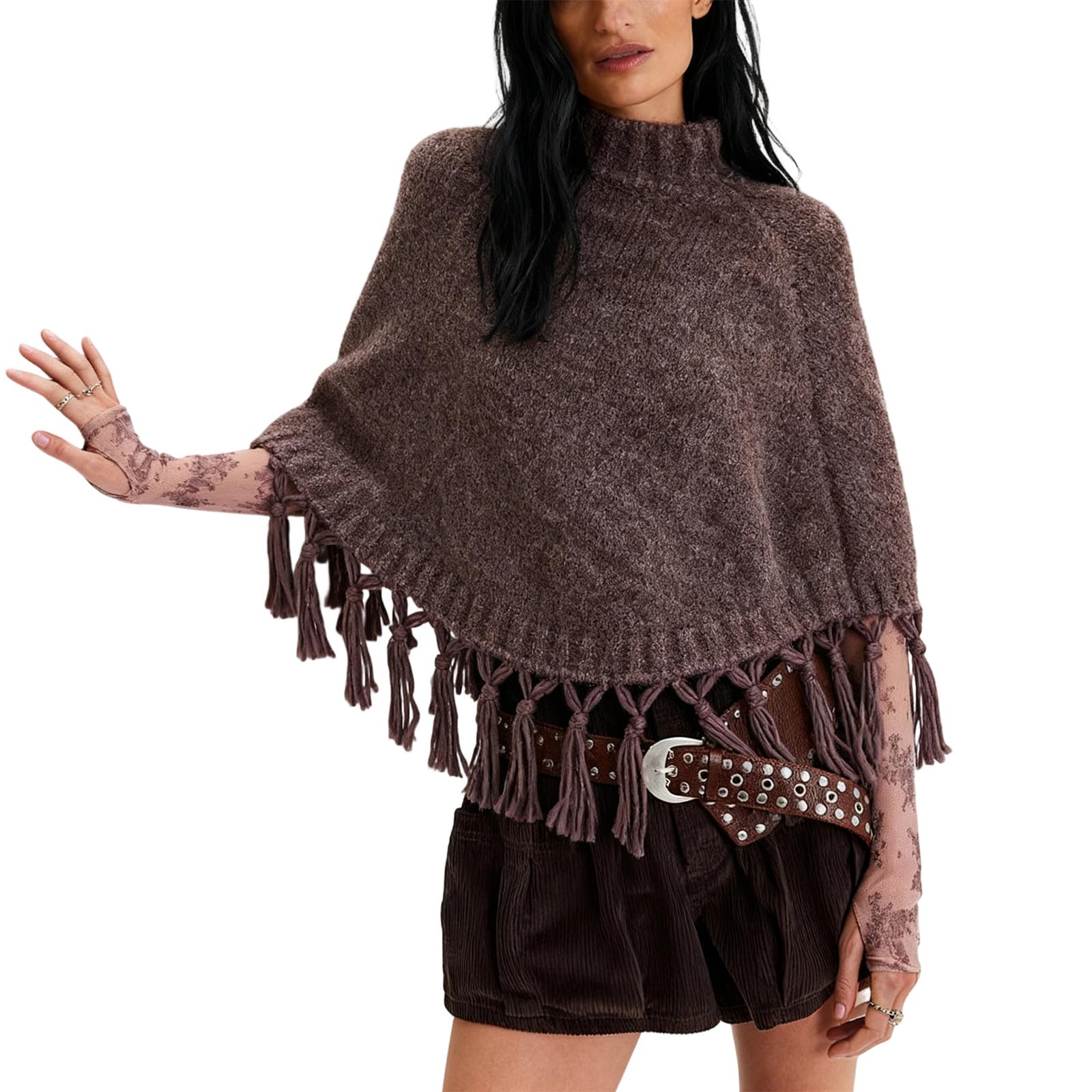 Women Knitted Poncho Sweater Vintage Asymmetrical Fringe Shawl Poncho Solid Tassel Cape Fall Winter Streetwear