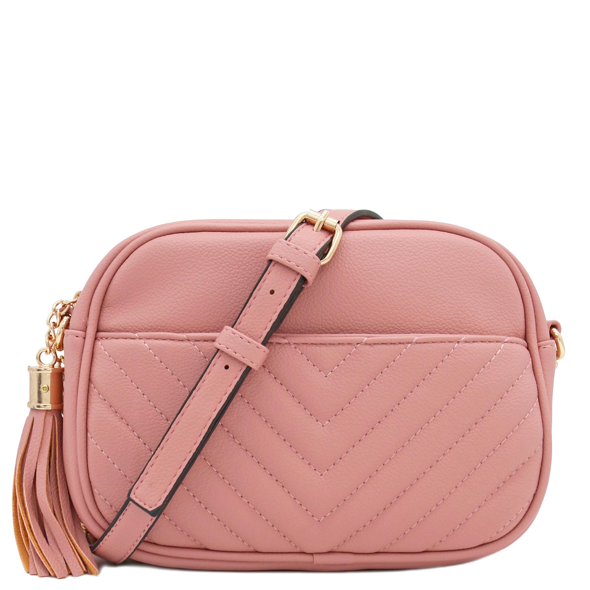 FashionPuzzle Chevron Quilted Crossbody Camera Bag with Chain Strap and Tassel