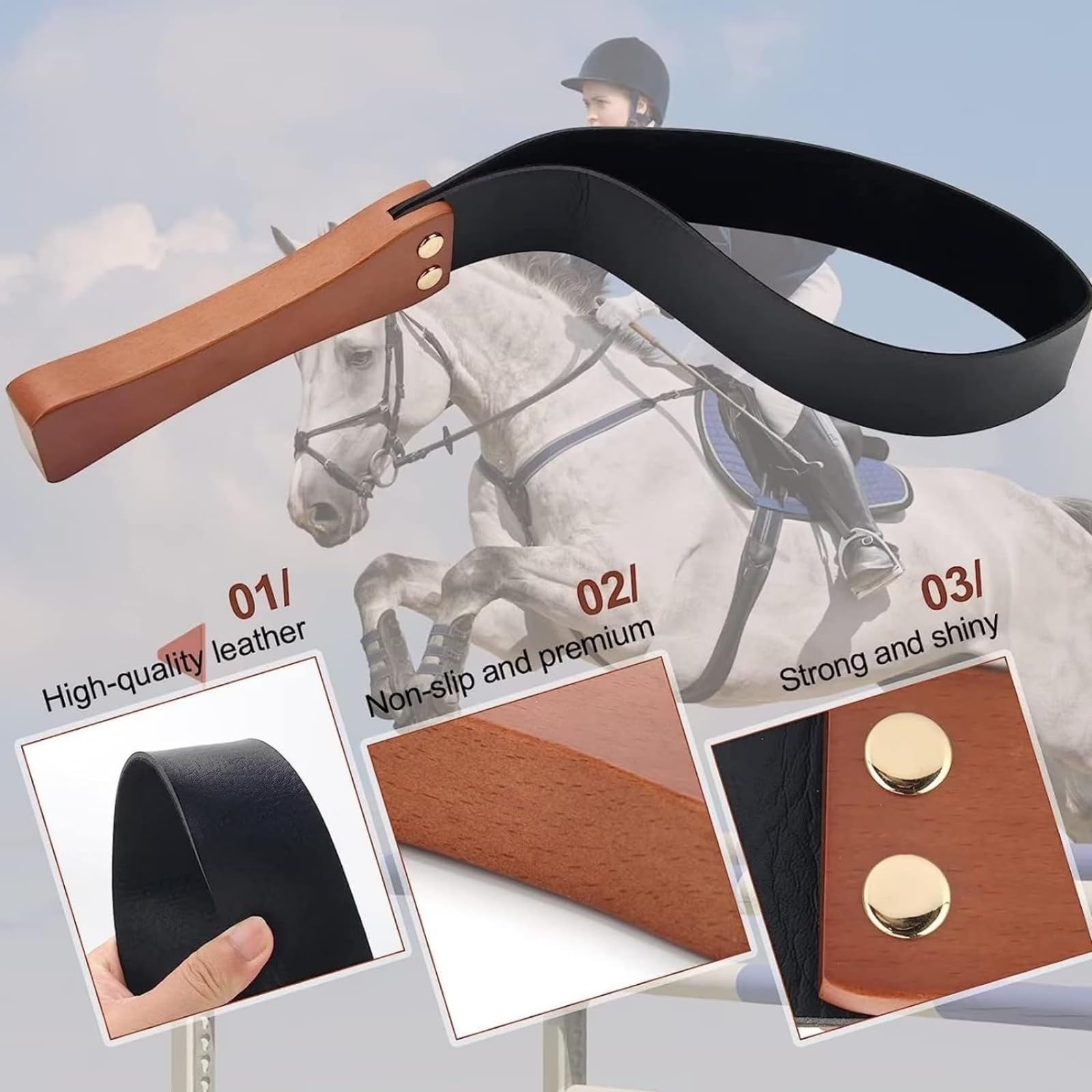 Lederpaddel mit rutschfestem Holzgriff, Reitgerte für Pferde, 48,3 cm, Schwarz