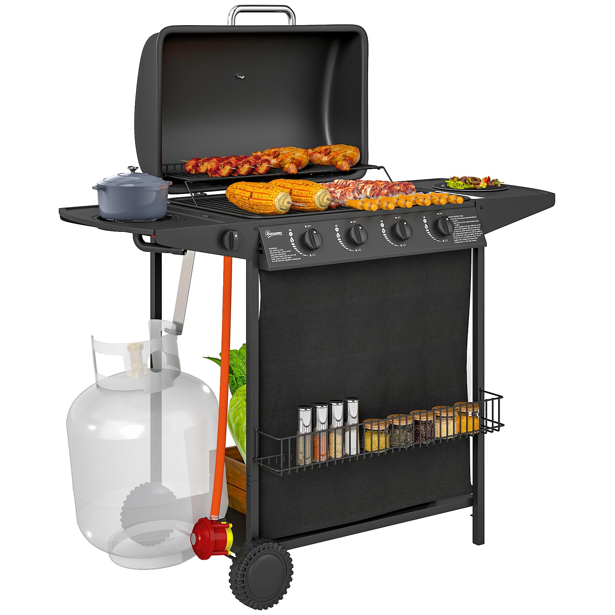 Outsunny Unisex Black 5 Burner Gas Barbecue Grill Portable Gas Bbq Grill With Lid,