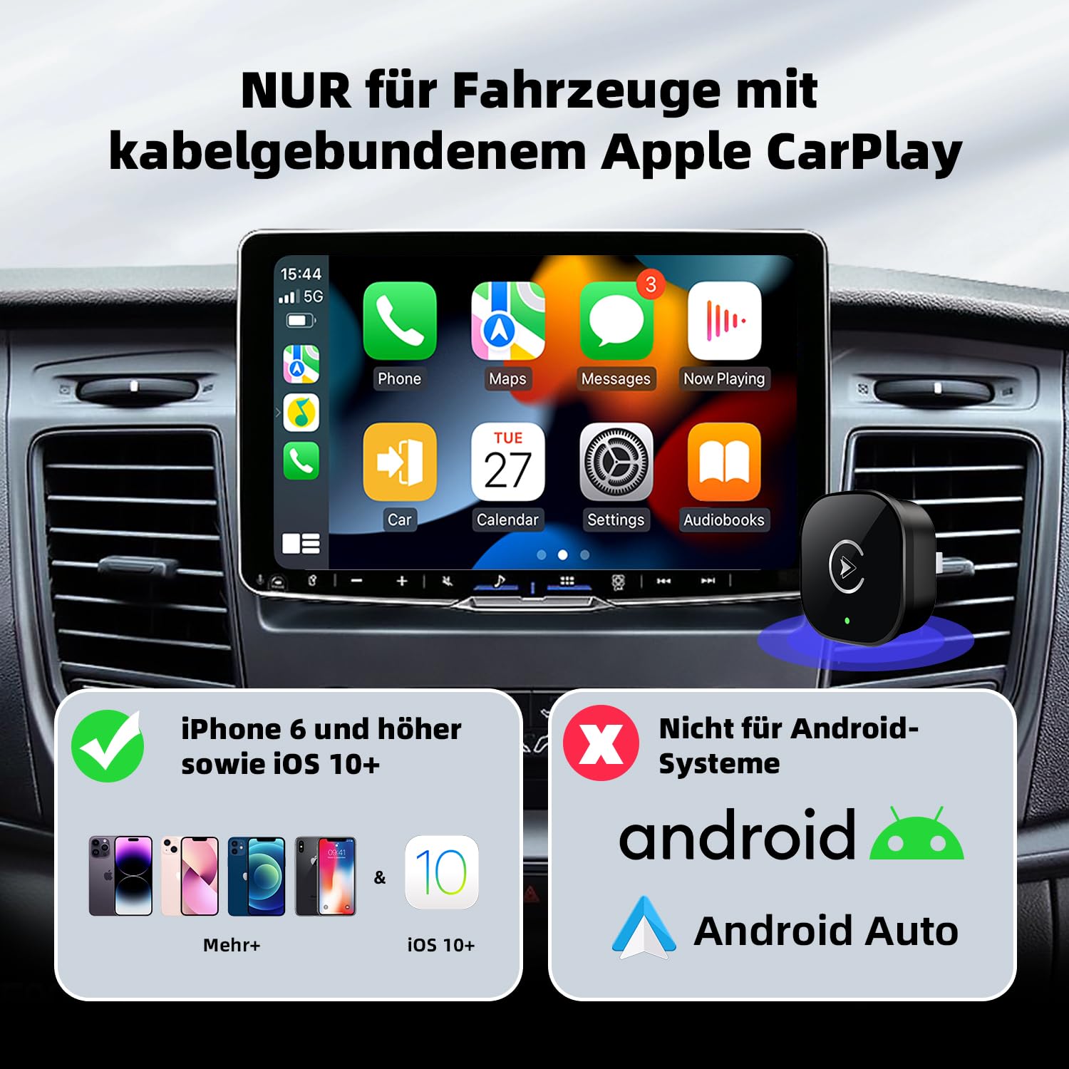 CarPlay Wireless Adapter 2026 Upgrade auf Kabelloses, Plug & Play, USB/Type-C, Mini & Stabiler Apple Car Play Wireless Adapter Kompatibel mit iOS 10+ Wired CarPlay Autos ab 2015