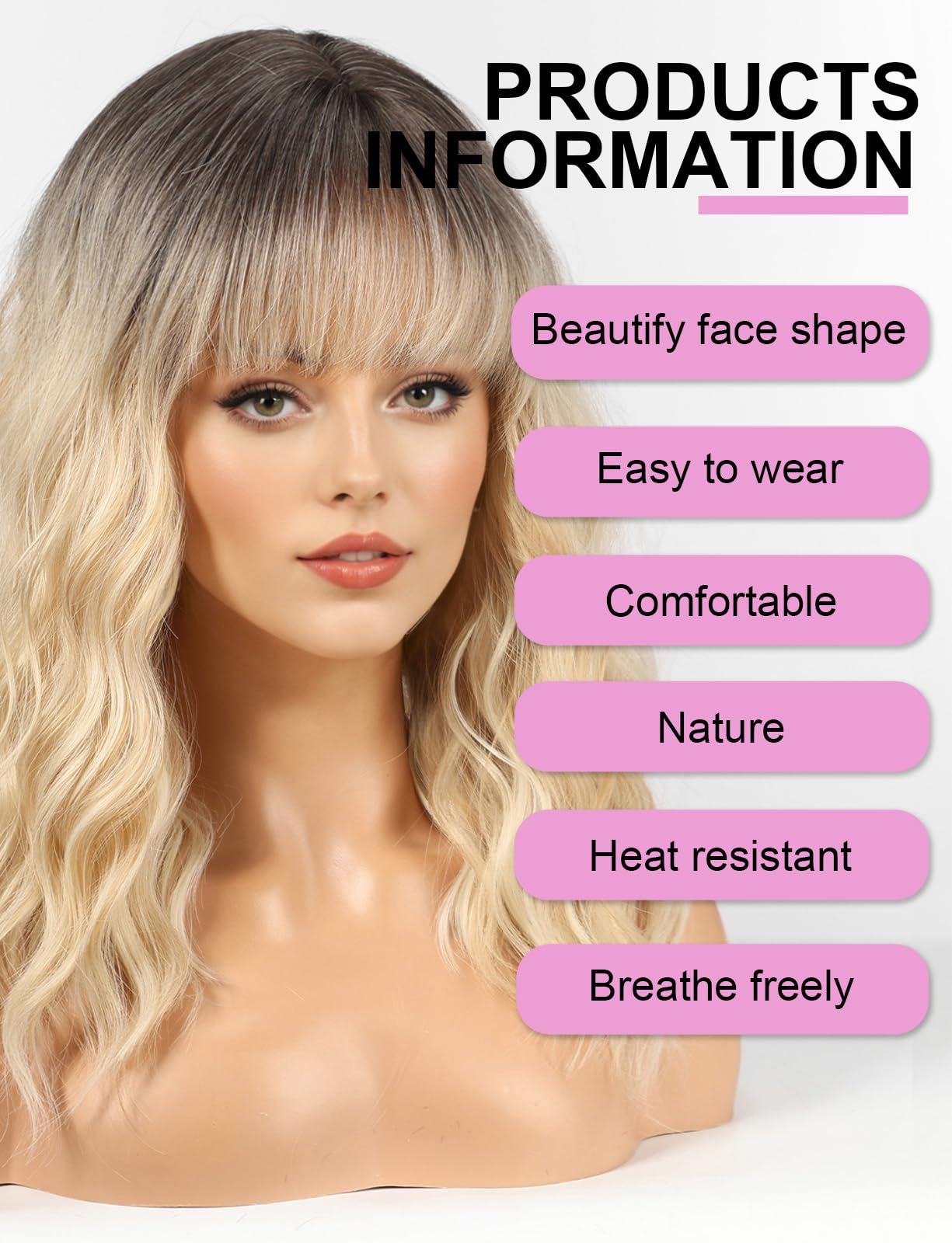 WOKESTAR Bob Wigs With Neat Fringe, Wavy Synthetic Wigs for Women Light Blonde with Highlights Color, Medium - Image 2