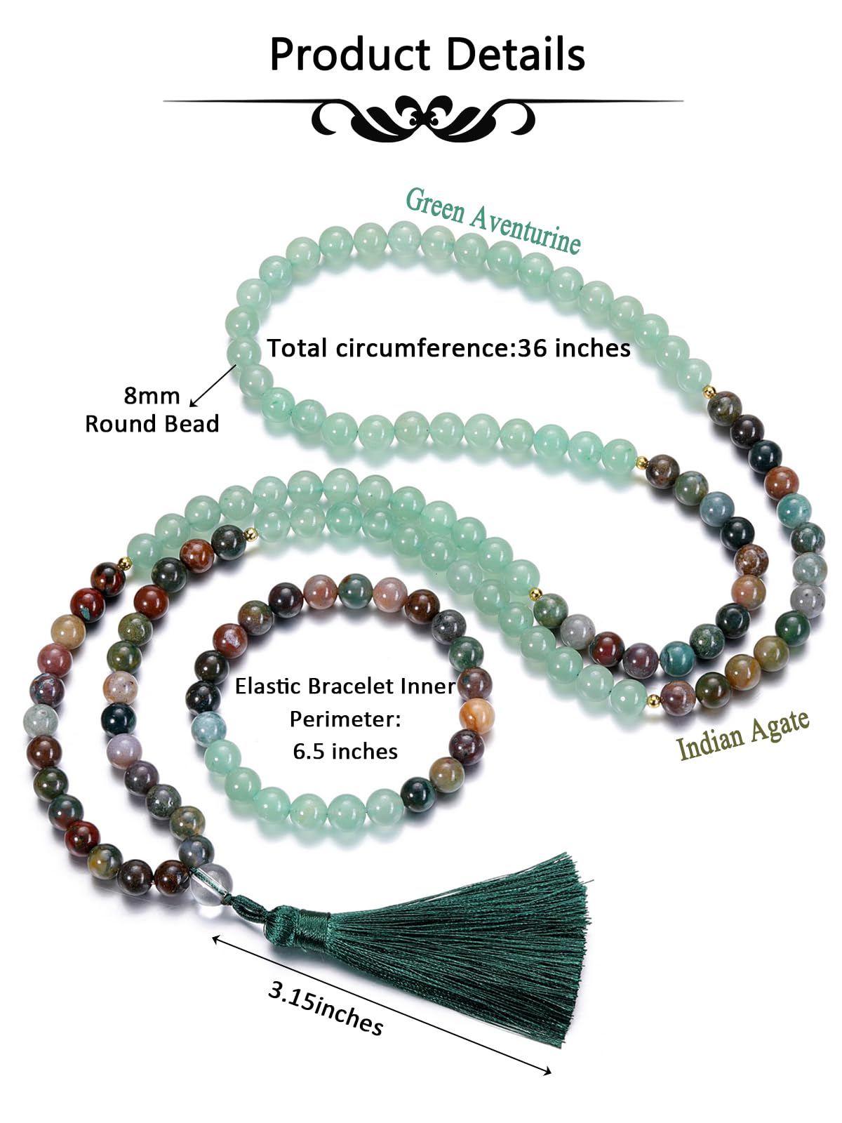 JSDDE Lot Chapelet Collier Mala Tibétain 108 Perles en Pierres Naturelles 8mm Bracelet Élastique de Perles Cristal pour Homme Femme Chapelet 108 Grain Bouddhiste avec Gland Amulette bijoux de Prière