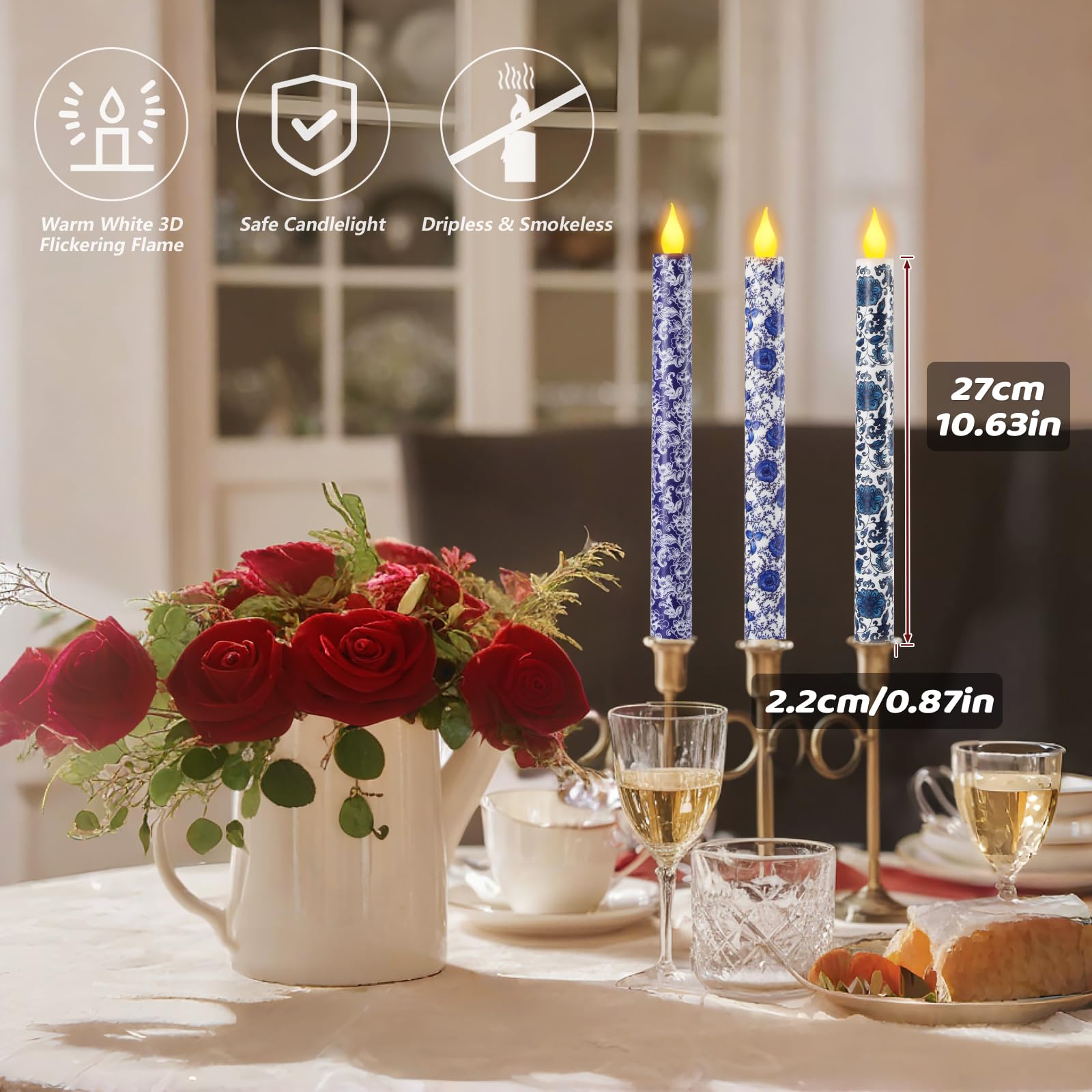 6PCS Chinoiserie Flameless Candles - 10.6 Inch Blue and White Candles with Remote Floral Taper Candles Battery Operated Blue Chinoiserie Decor for Wedding Party Home Decor Festival Gifts