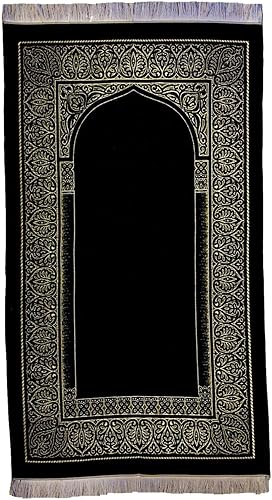 Alfombra de oración islámica de terciopelo negro de lujo, Janamaz plegable suave para salah musulmana, alfombra de oración portátil con elegante