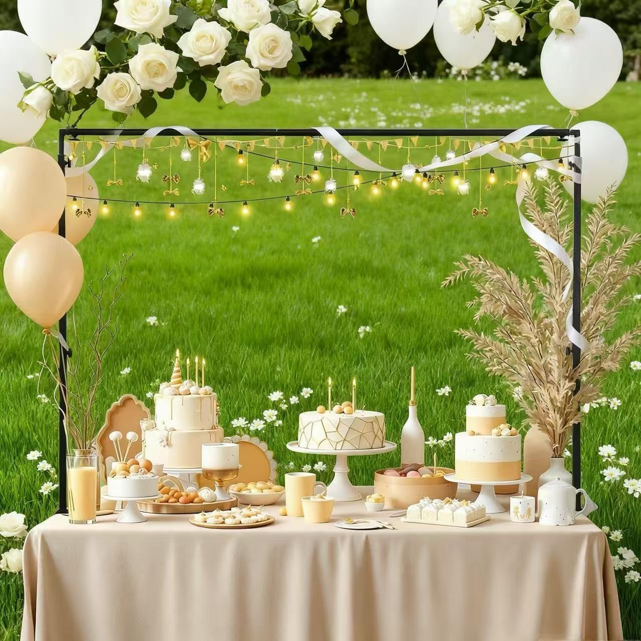 tool-free setup heavy-duty black table arch stand 24''-48'' tall 48"-94" length over the table rod stand with clamps for wedding birthday party halloween christmas,thanksgiving party decorations