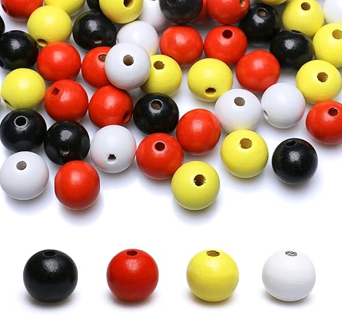 100 cuentas redondas de madera de 0.63 pulgadas (0.630 in), negro, blanco, rojo, amarillo, colores mezclados, cuentas espaciadoras sueltas de