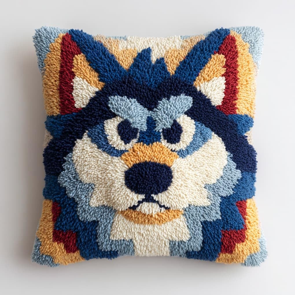 Henypt Latch Hook Craft Cushion Kit 43x43cm,Animal cub Wolf Pillow Cover Needlework for Bedroom Lounge,Easy to Make Starter Set for All Ages
