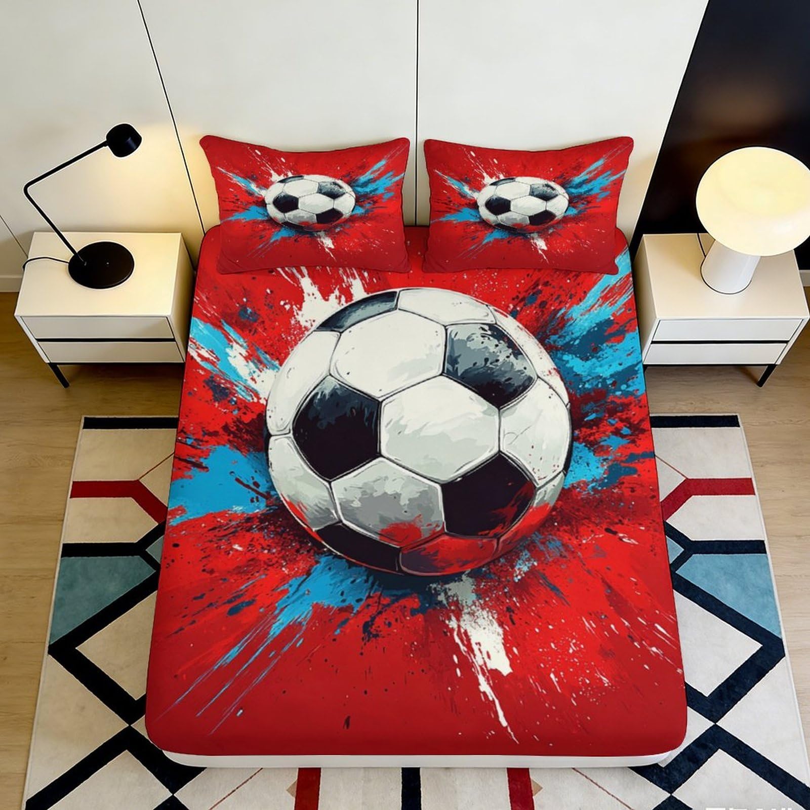 3D Printed Football Red Splash Fitted Sheet Microfiber Soft Breathable Soccer Ball Mattress Cover for Bedroom Dormitory Guest Room Decor Protection 90x200x25cm